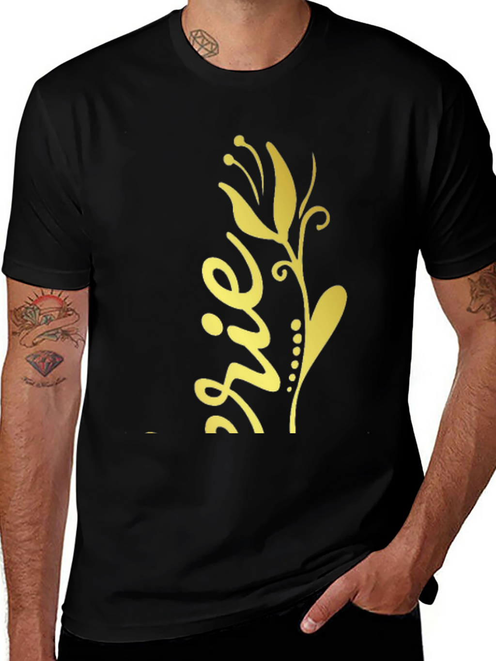 Black T-Shirt with Gold Floral Design