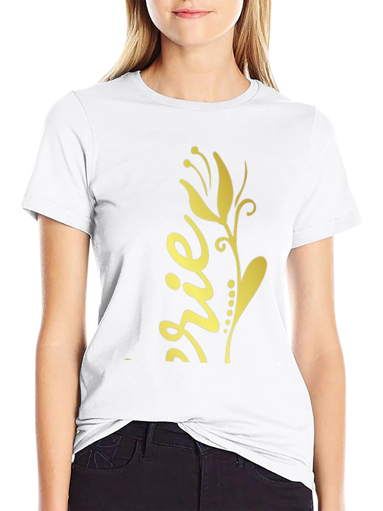 Black T-Shirt with Gold Floral Design