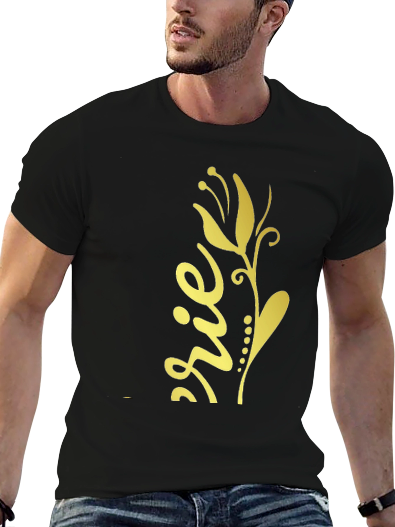 Black T-Shirt with Gold Floral Design