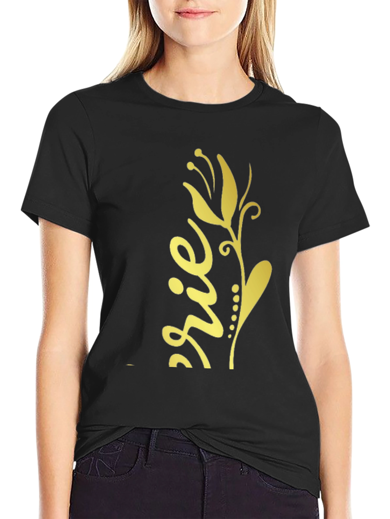 Black T-Shirt with Gold Floral Design