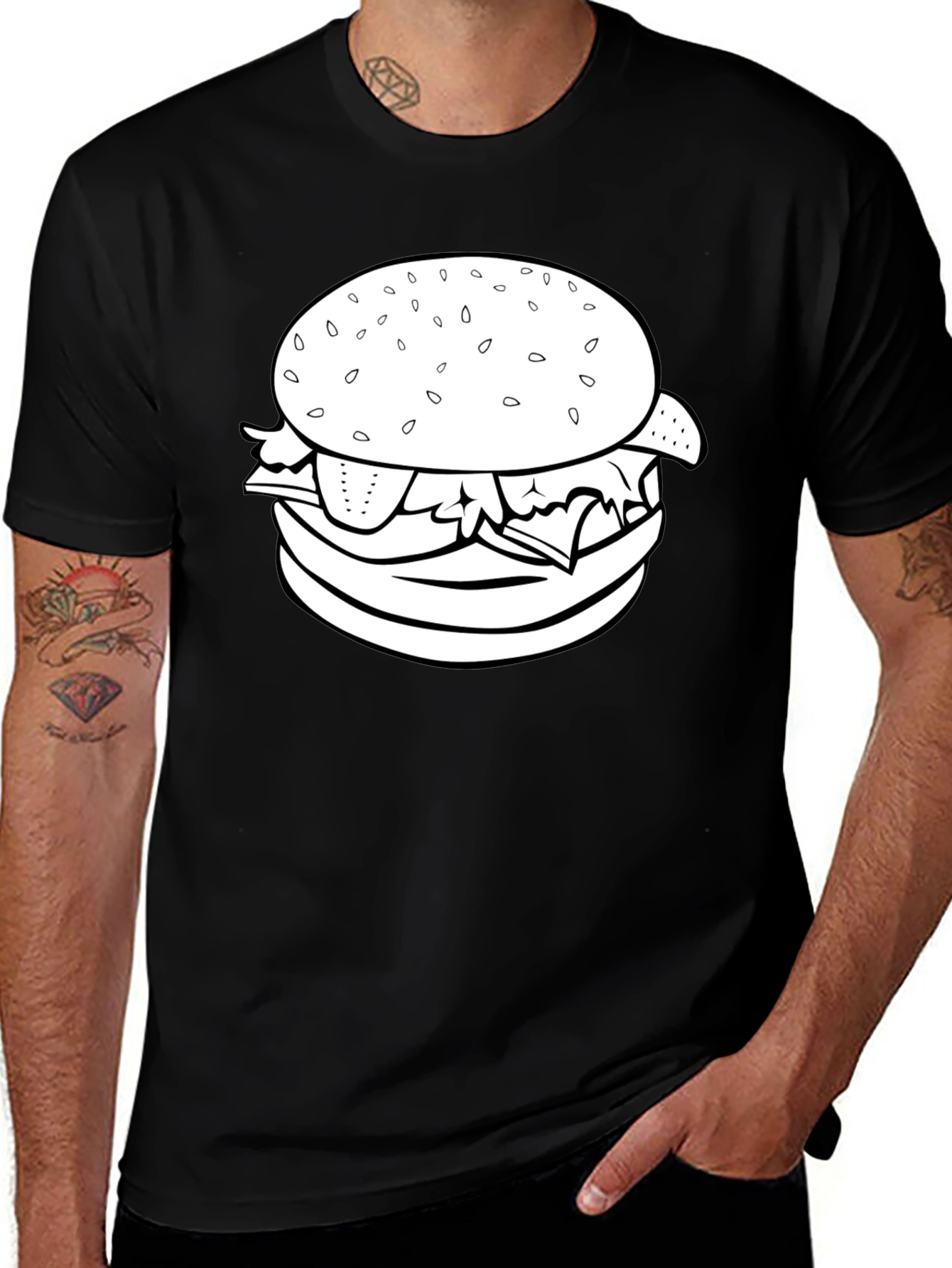 Burger Graphic Tee - Black Crew Neck T-Shirt