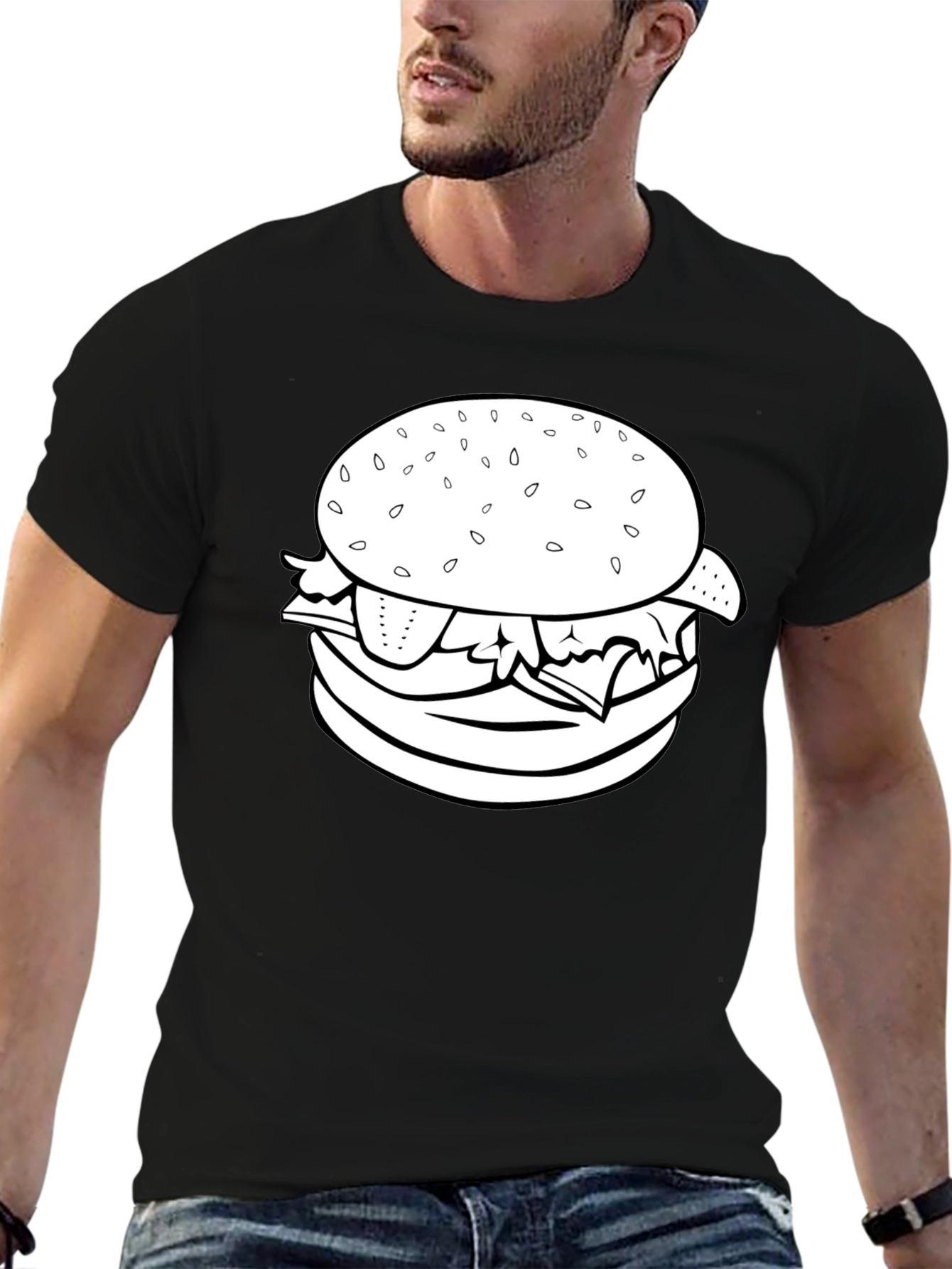 Burger Graphic Tee - Black Crew Neck T-Shirt