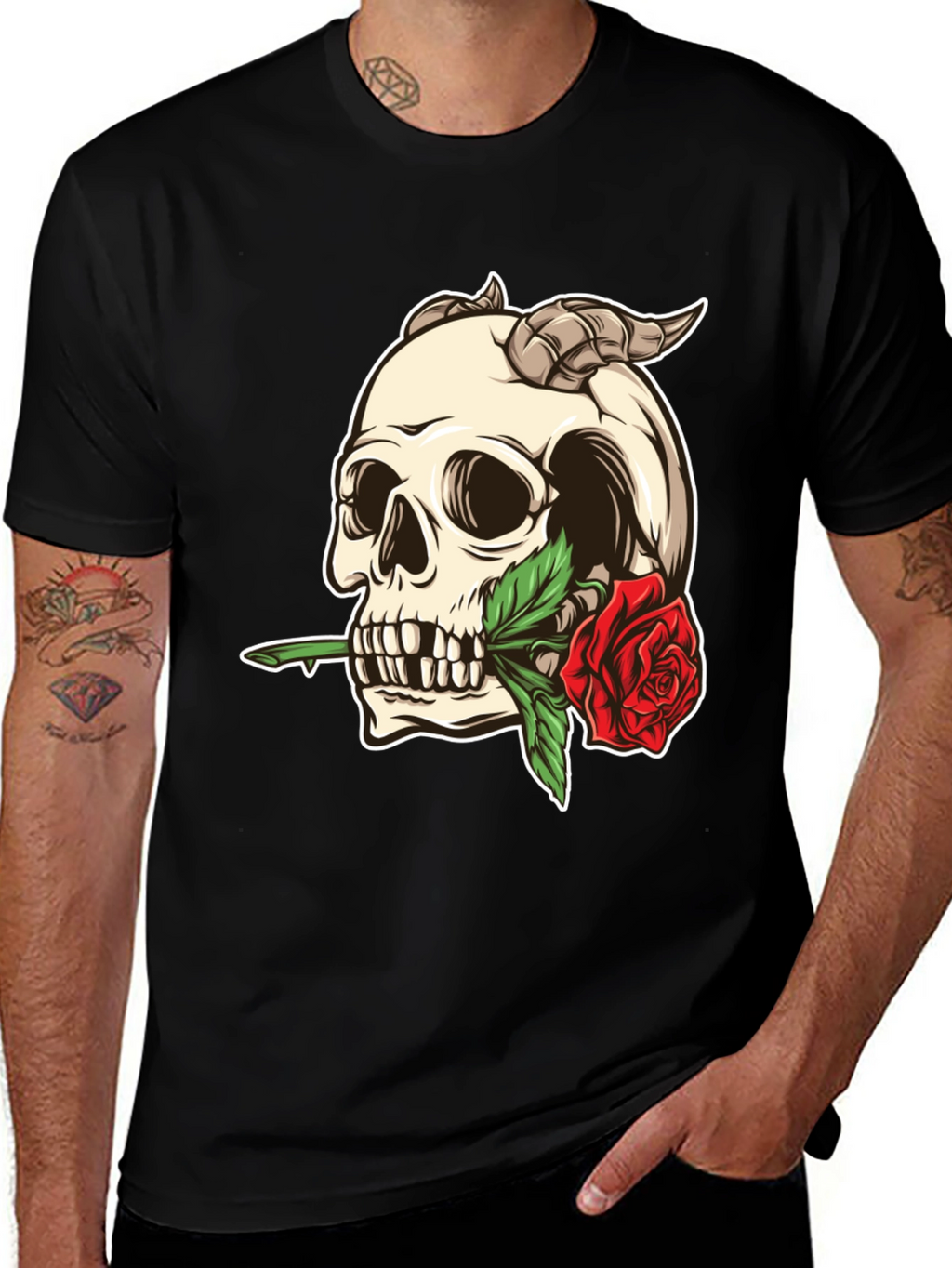 Skull and Rose Graphic Tee - Black