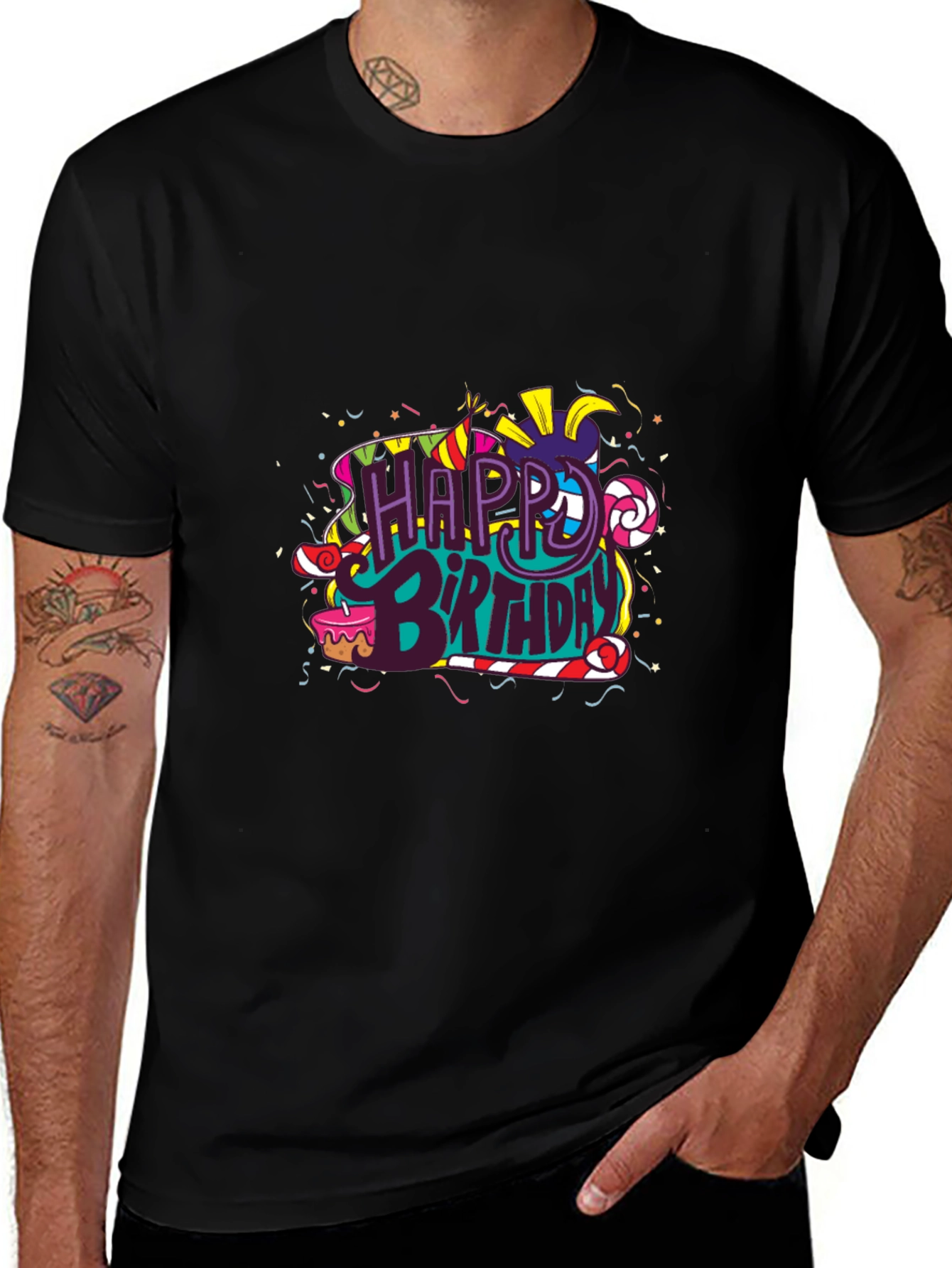 Happy Birthday Graphic Print Black T-Shirt
