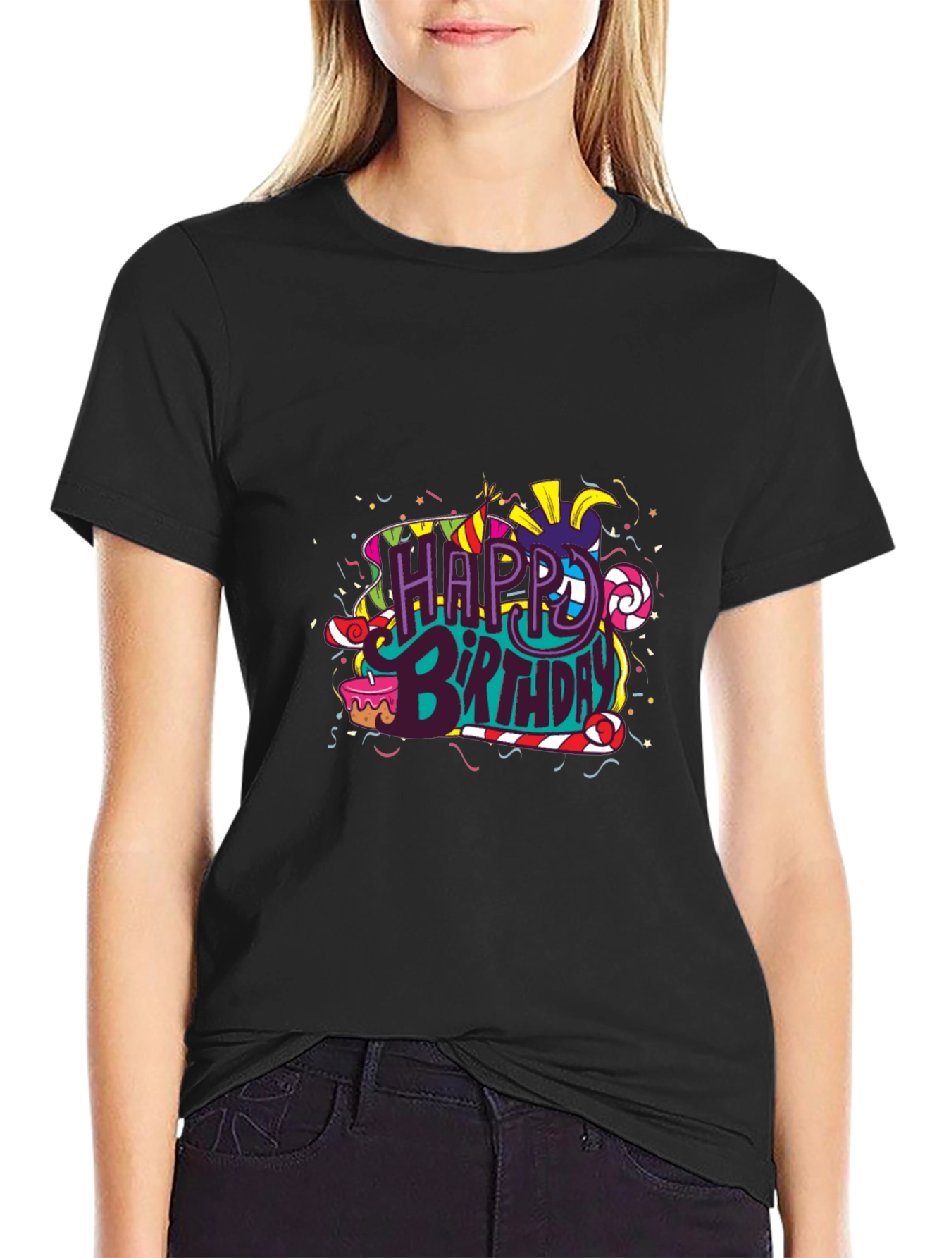 Happy Birthday Graphic Print Black T-Shirt