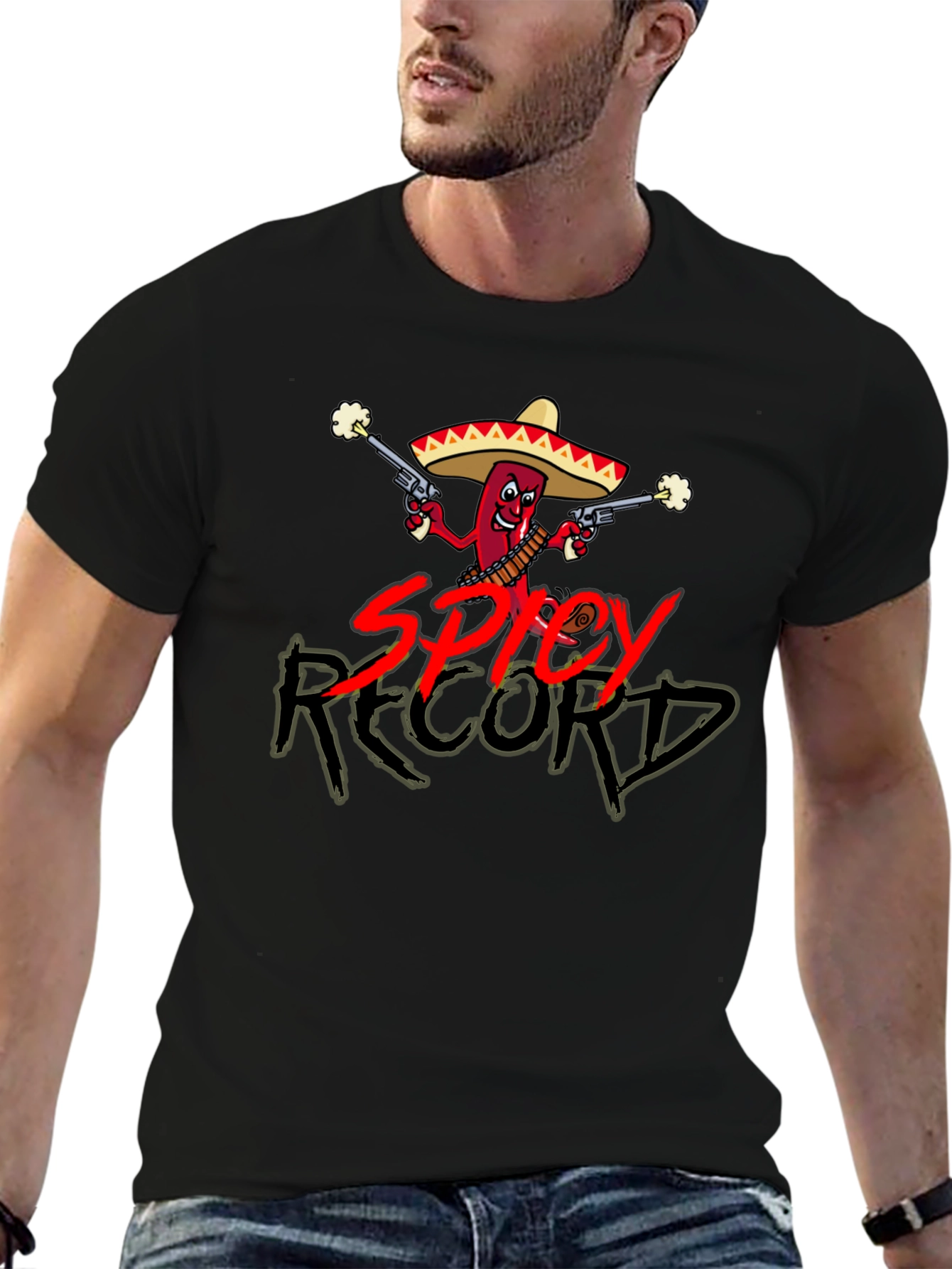 Spicy Record Black T-Shirt with Cartoon Chili Design