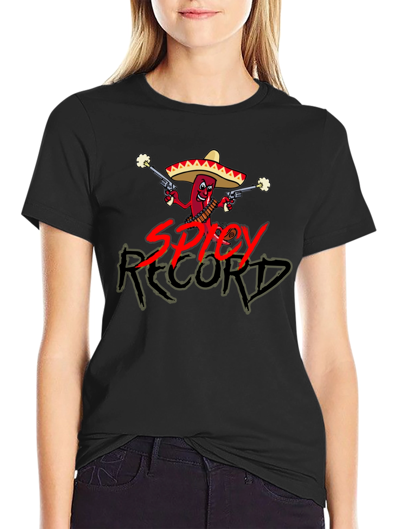 Spicy Record Black T-Shirt with Cartoon Chili Design