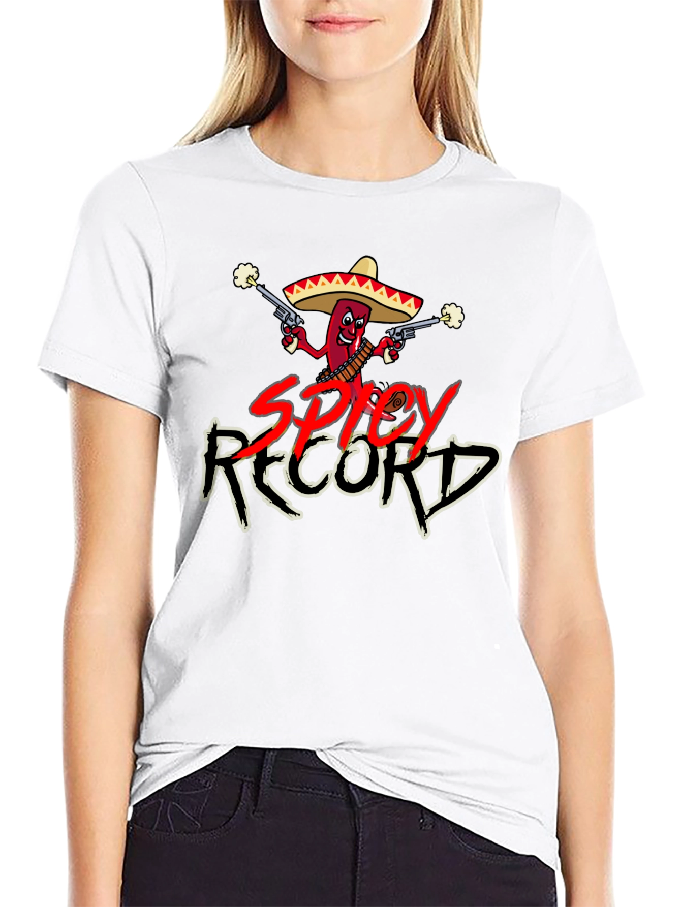Spicy Record Black T-Shirt with Cartoon Chili Design