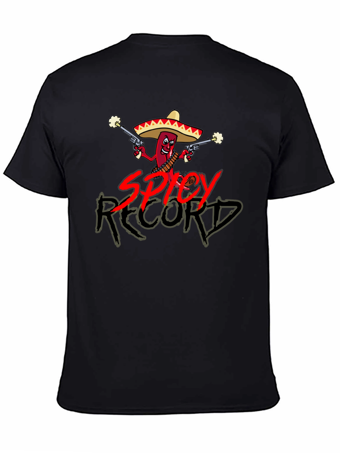 Spicy Record Black T-Shirt with Cartoon Chili Design