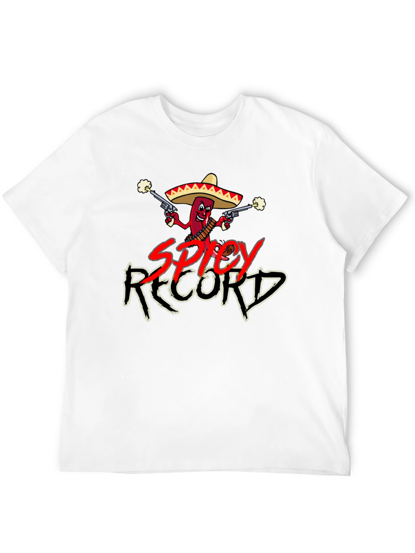 Spicy Record Black T-Shirt with Cartoon Chili Design