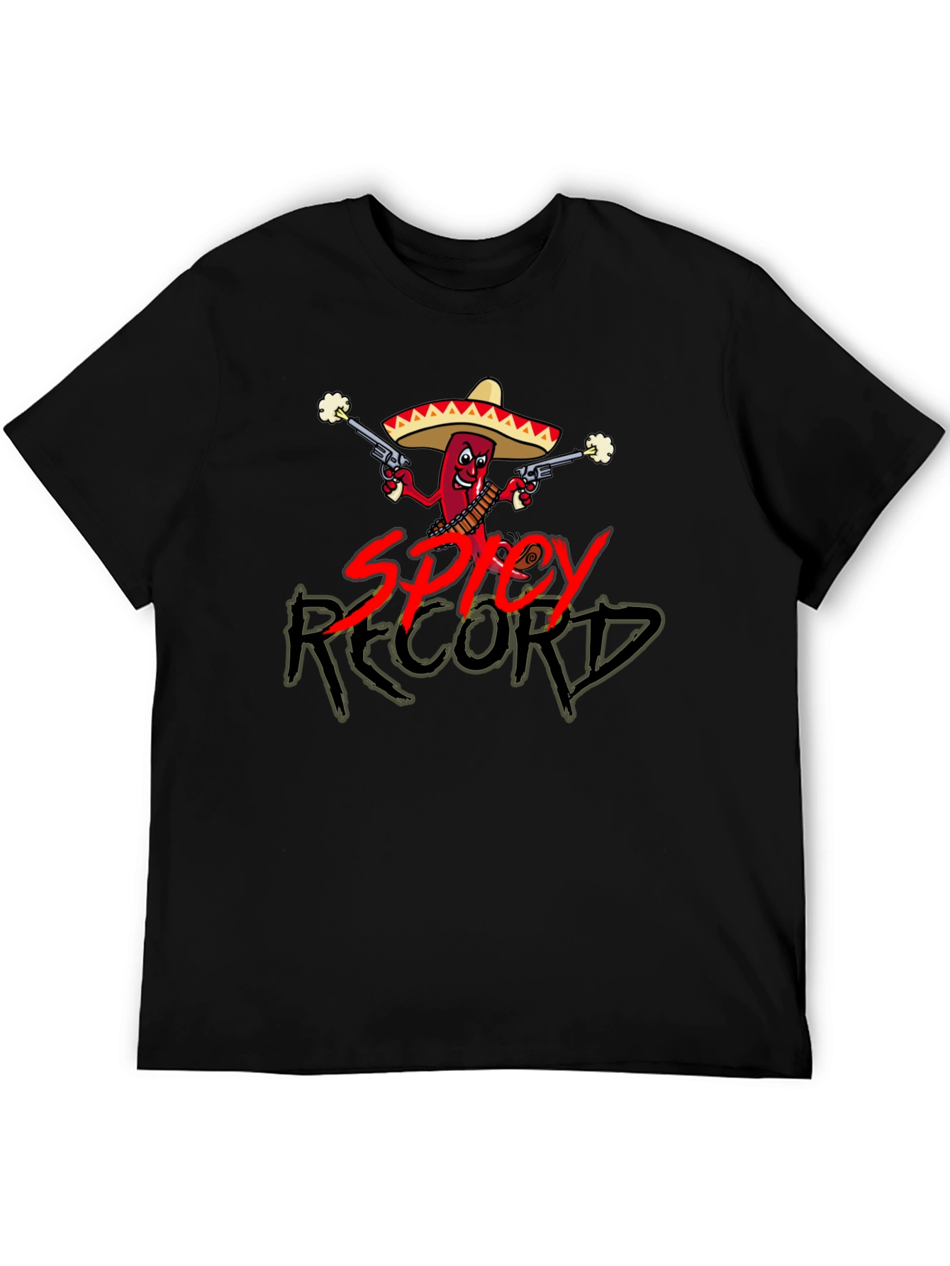 Spicy Record Black T-Shirt with Cartoon Chili Design