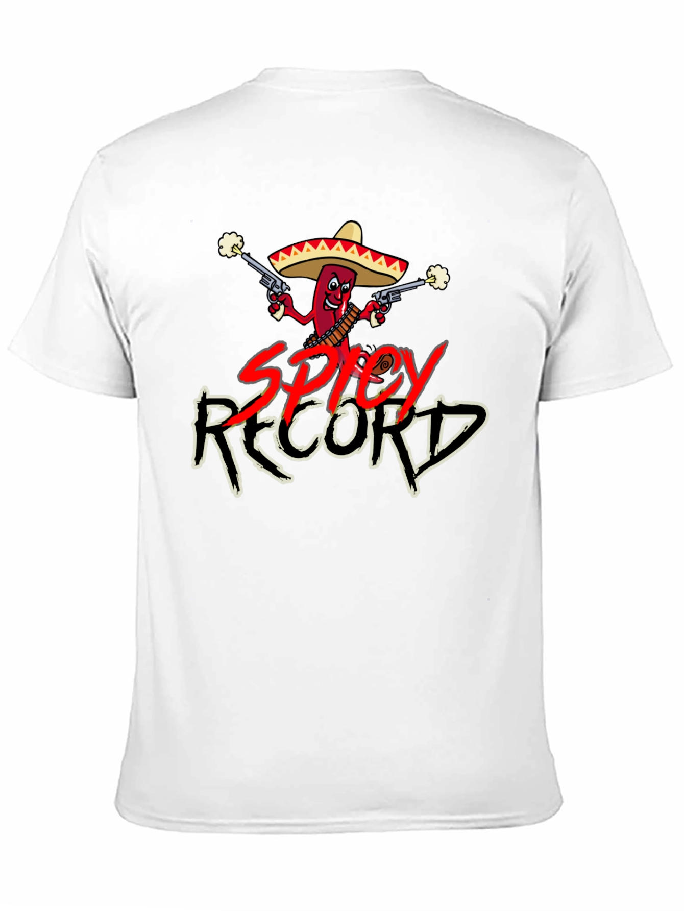 Spicy Record Black T-Shirt with Cartoon Chili Design
