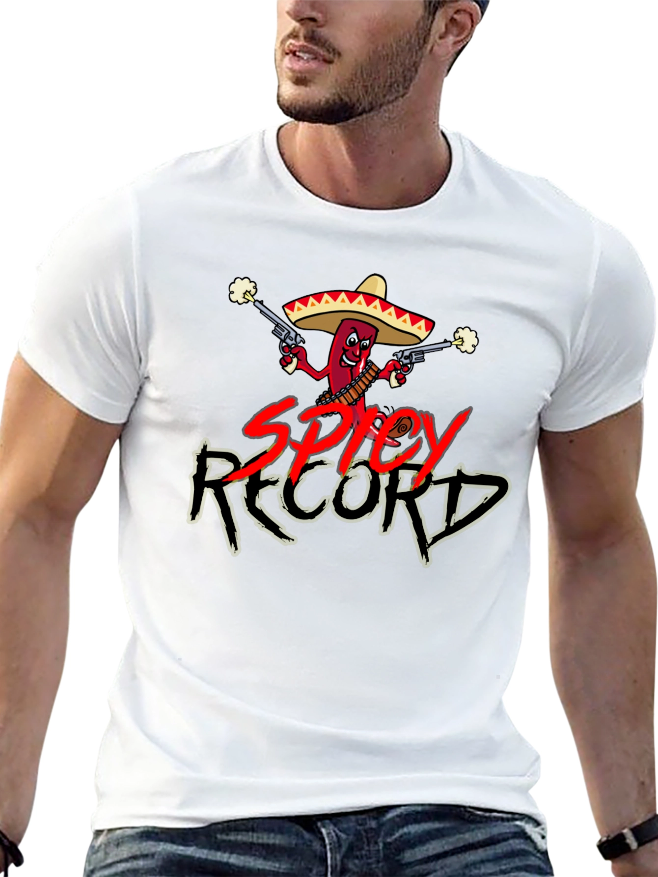 Spicy Record Black T-Shirt with Cartoon Chili Design