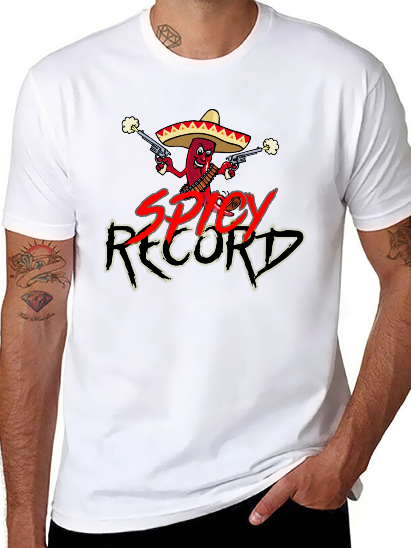 Spicy Record Black T-Shirt with Cartoon Chili Design