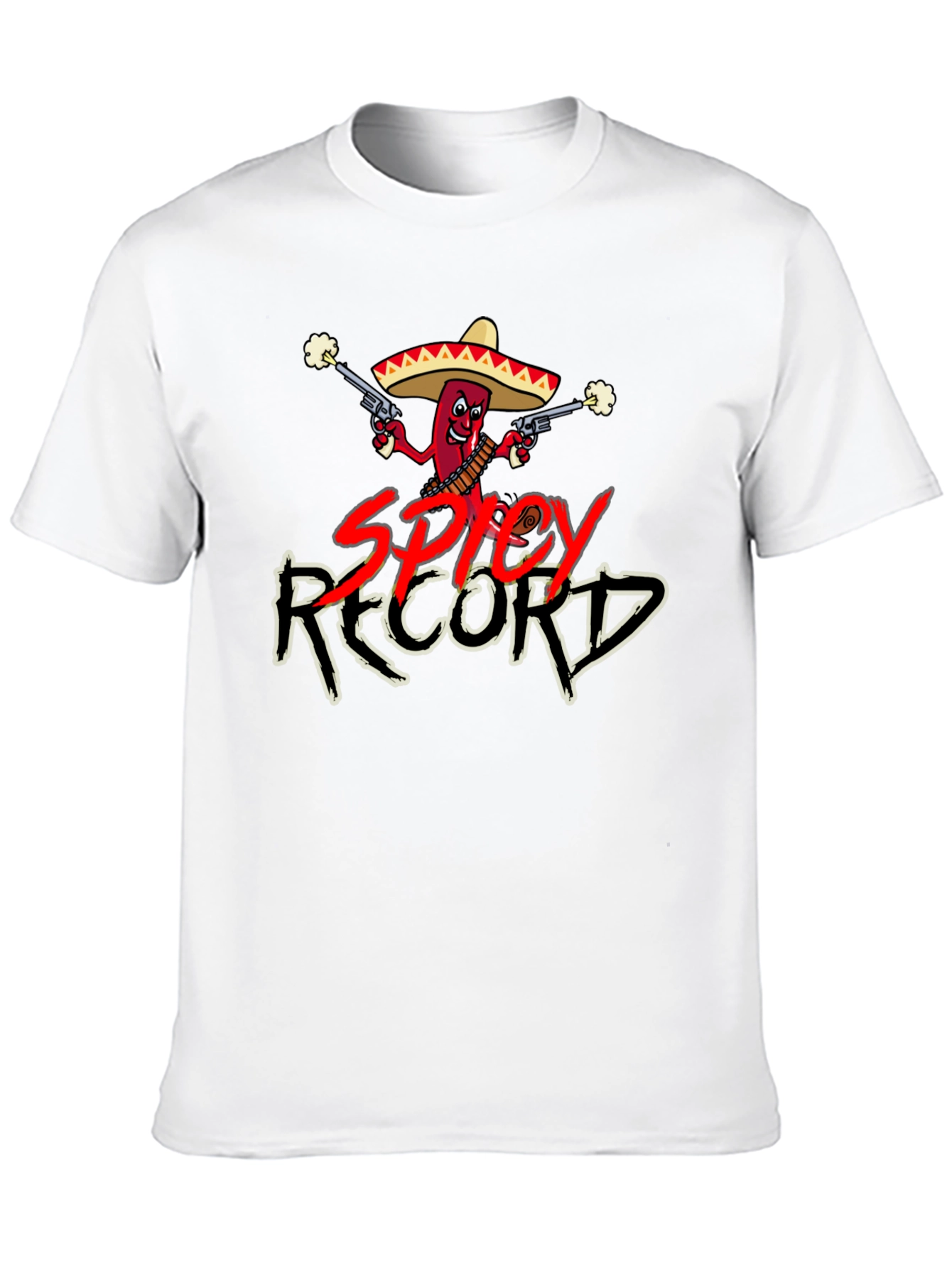 Spicy Record Black T-Shirt with Cartoon Chili Design