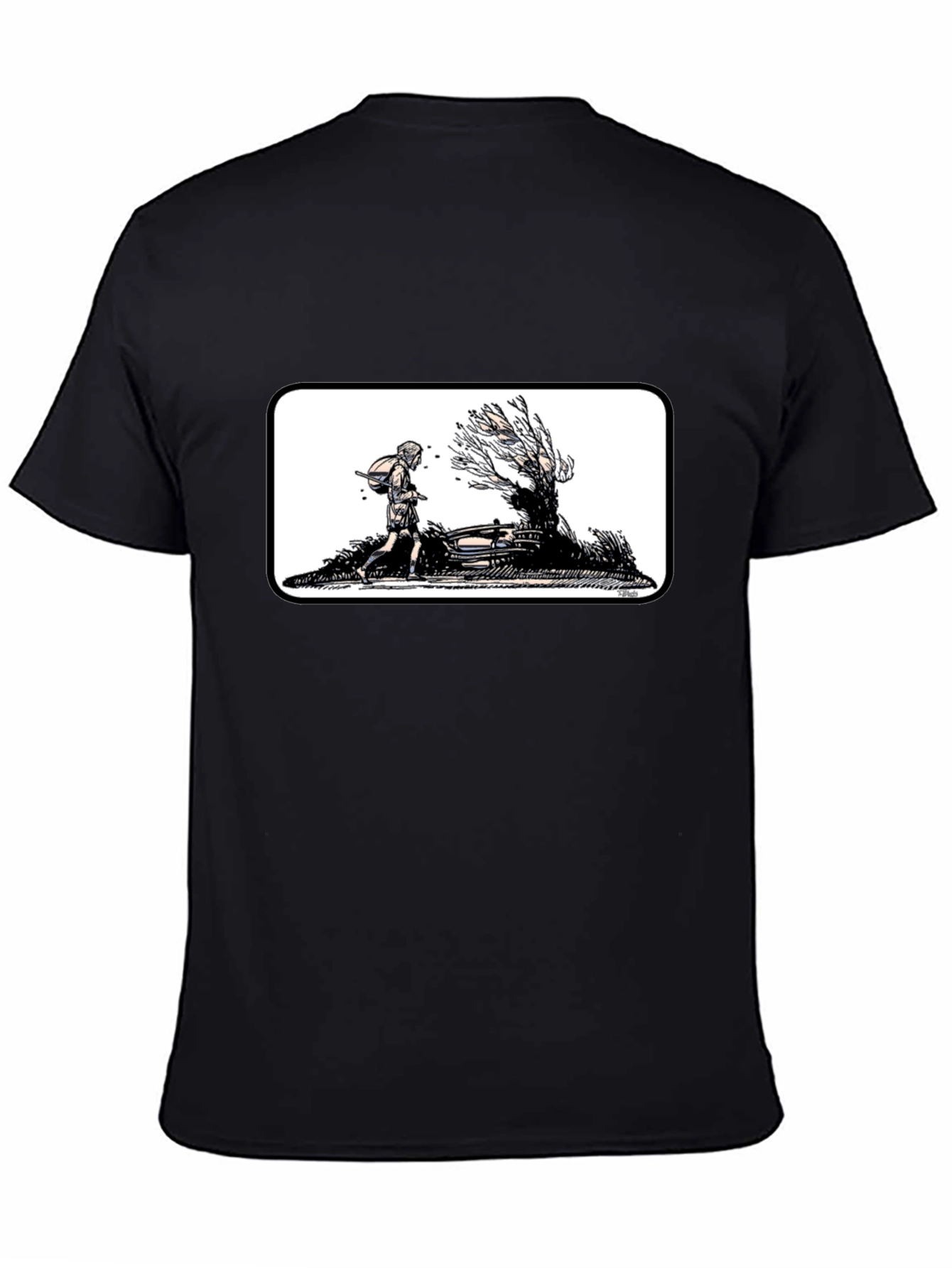 Black Graphic Tee - Man Walking by a Tree