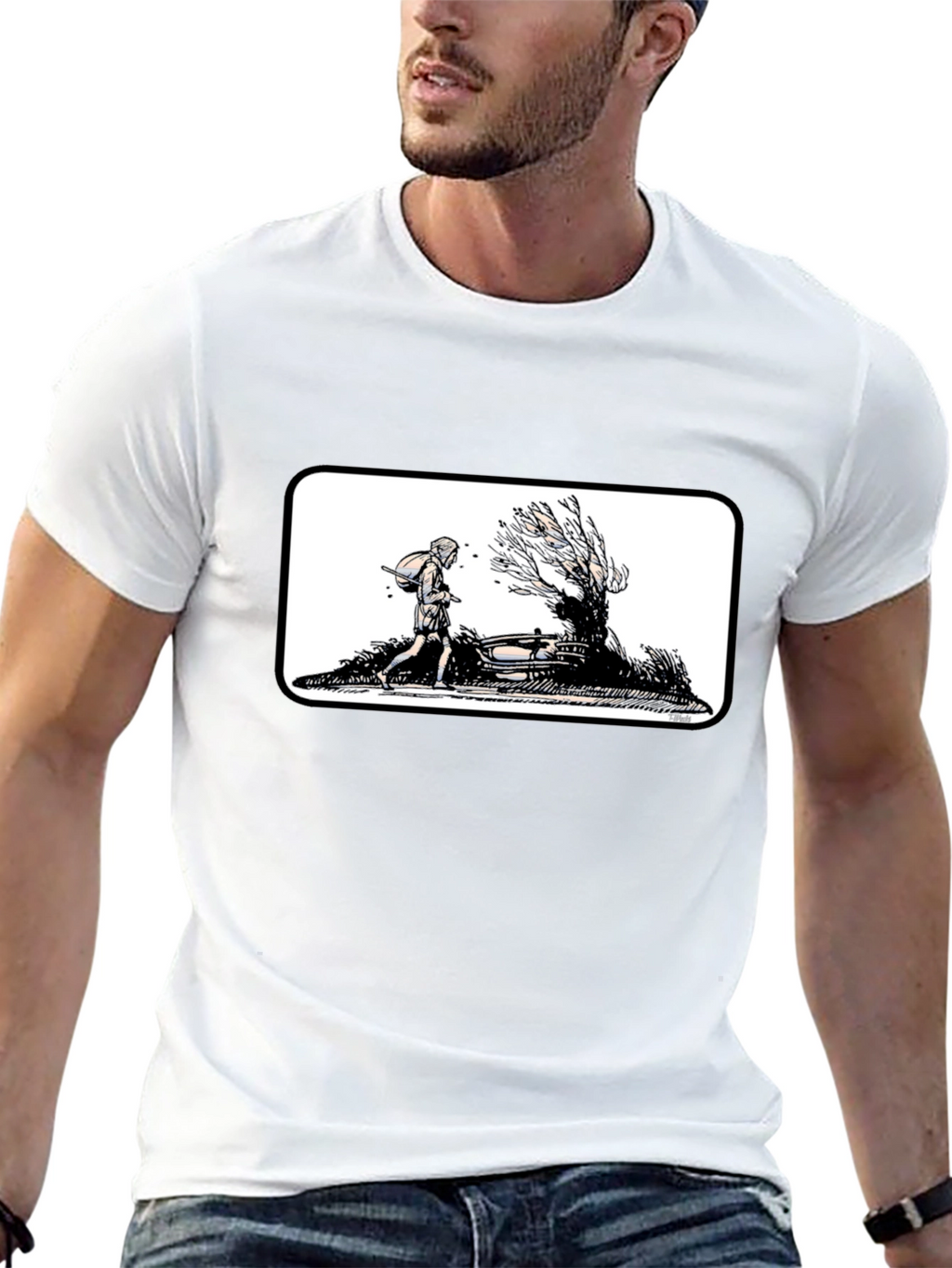 Black Graphic Tee - Man Walking by a Tree