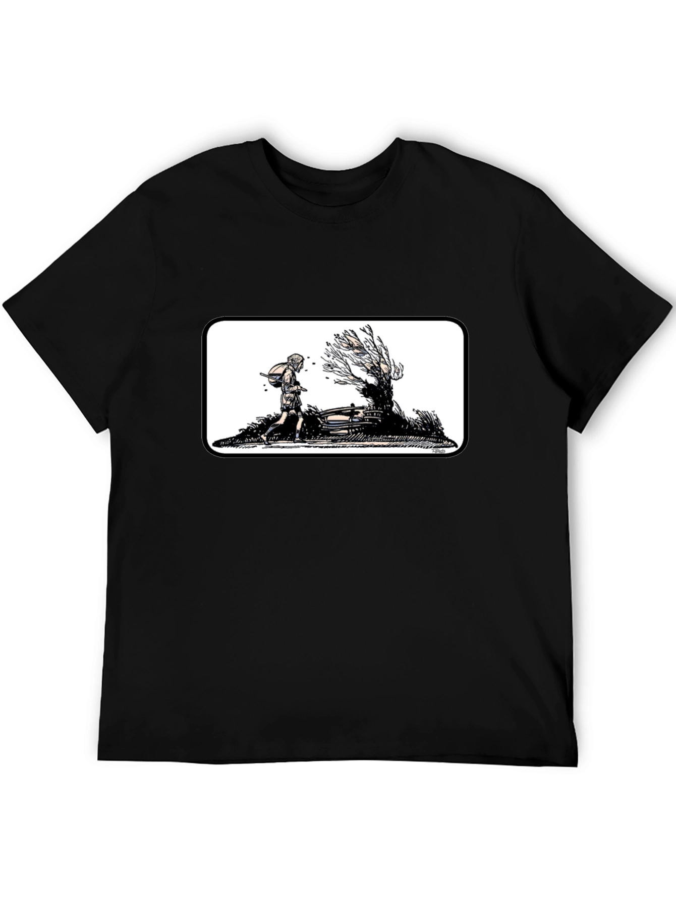 Black Graphic Tee - Man Walking by a Tree