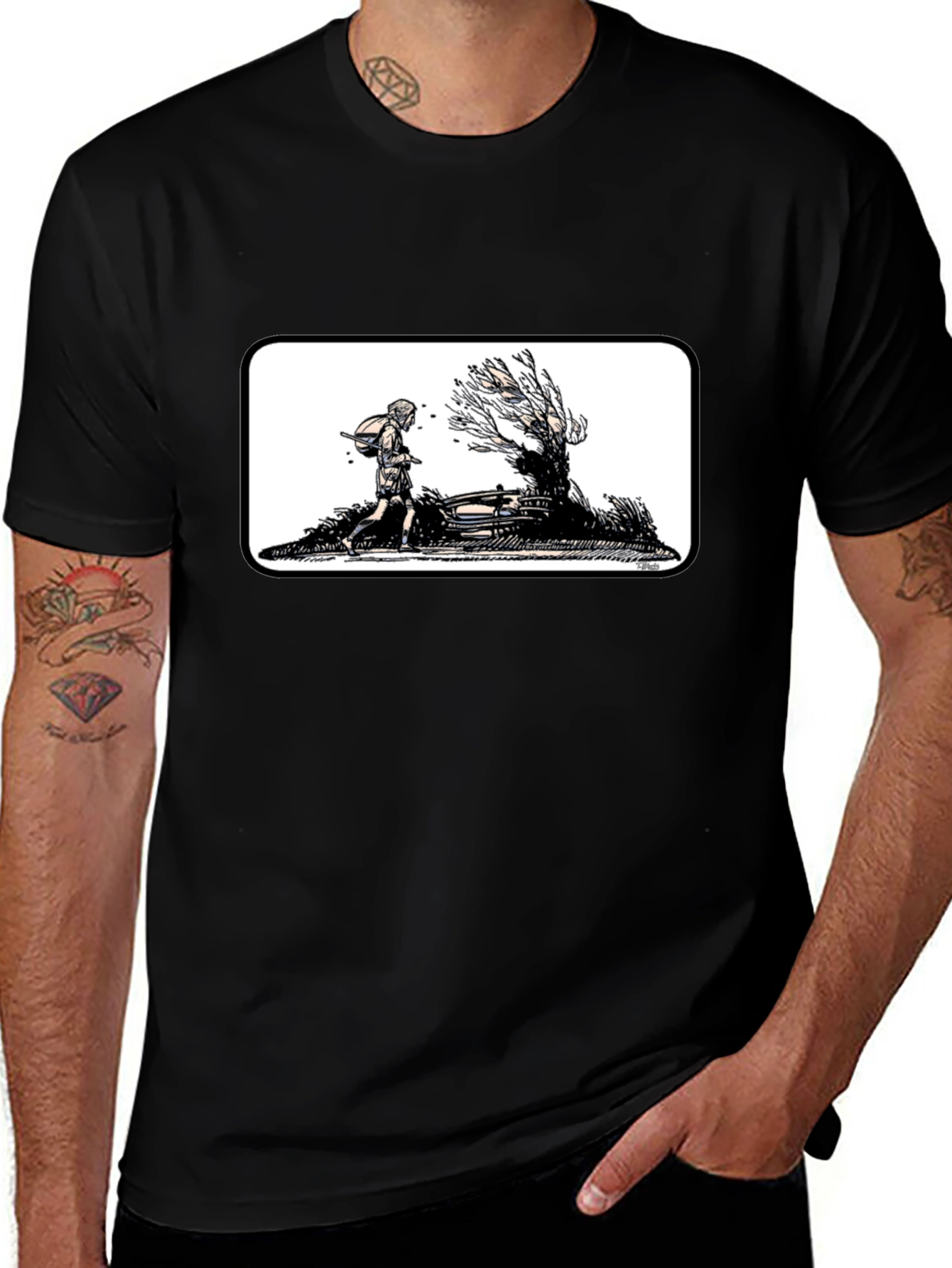 Black Graphic Tee - Man Walking by a Tree