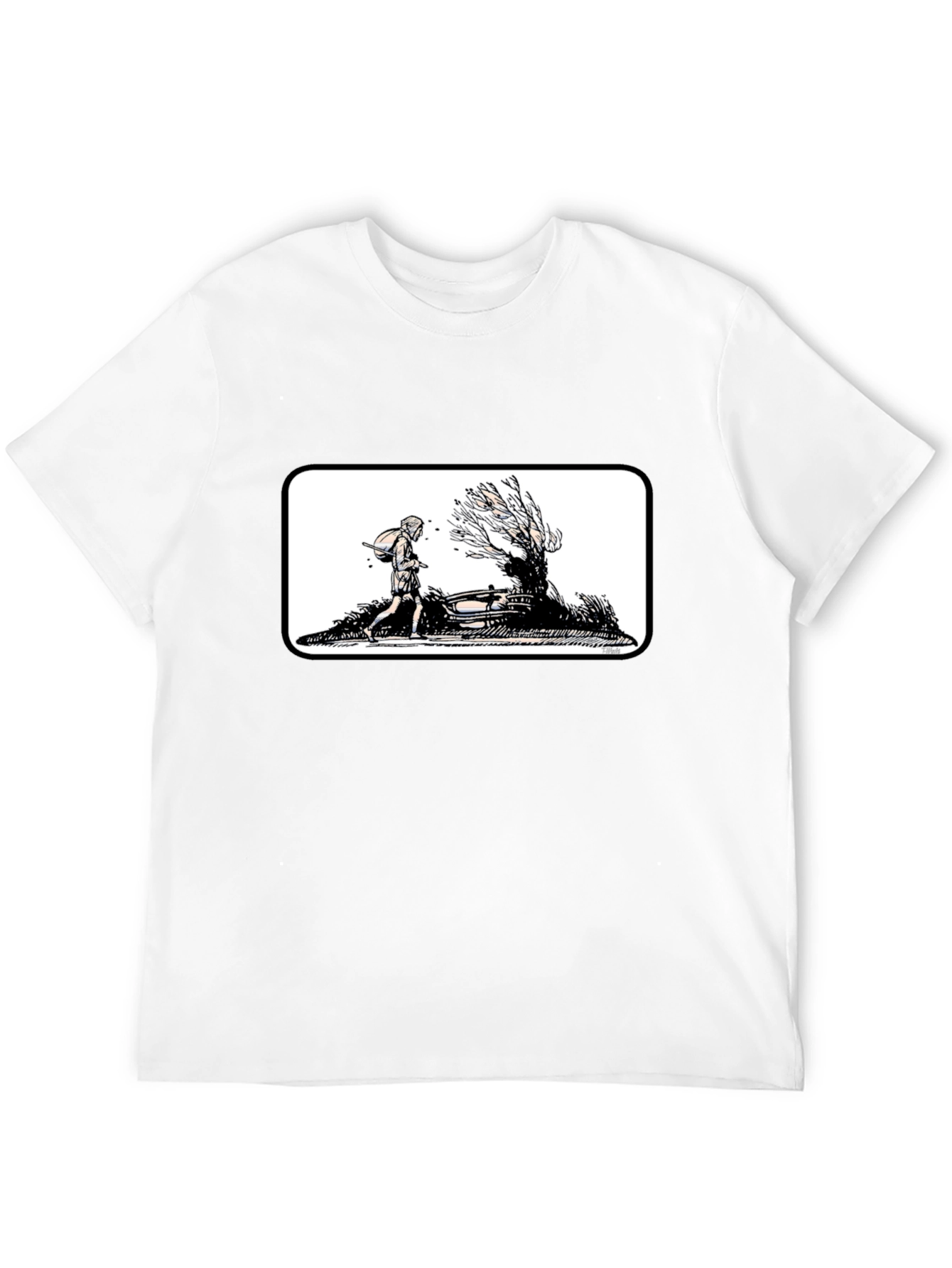 Black Graphic Tee - Man Walking by a Tree