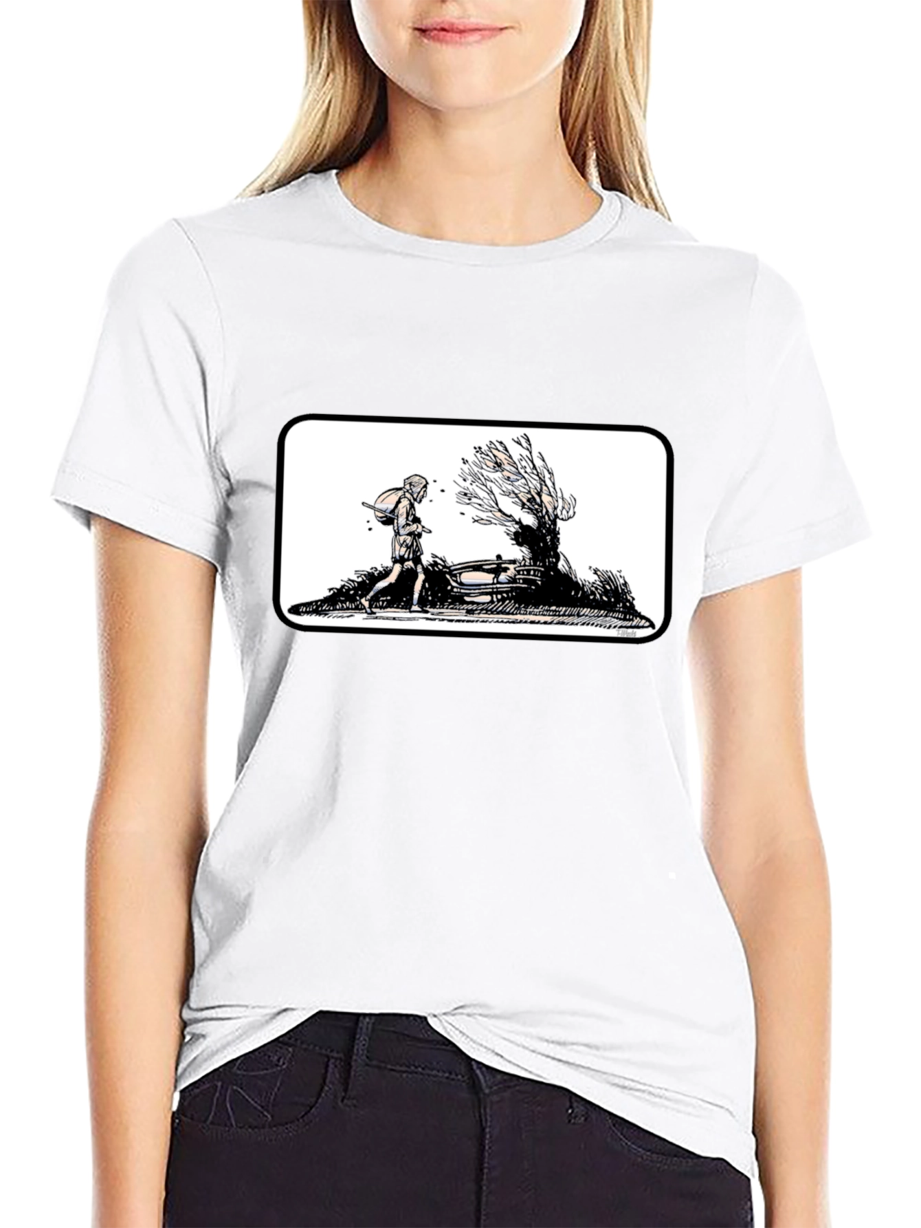 Black Graphic Tee - Man Walking by a Tree