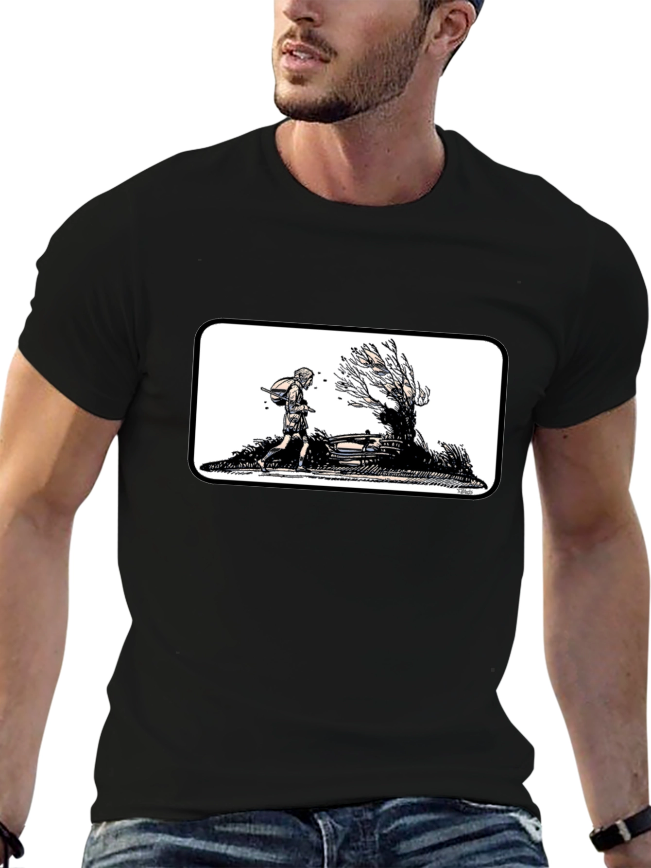 Black Graphic Tee - Man Walking by a Tree