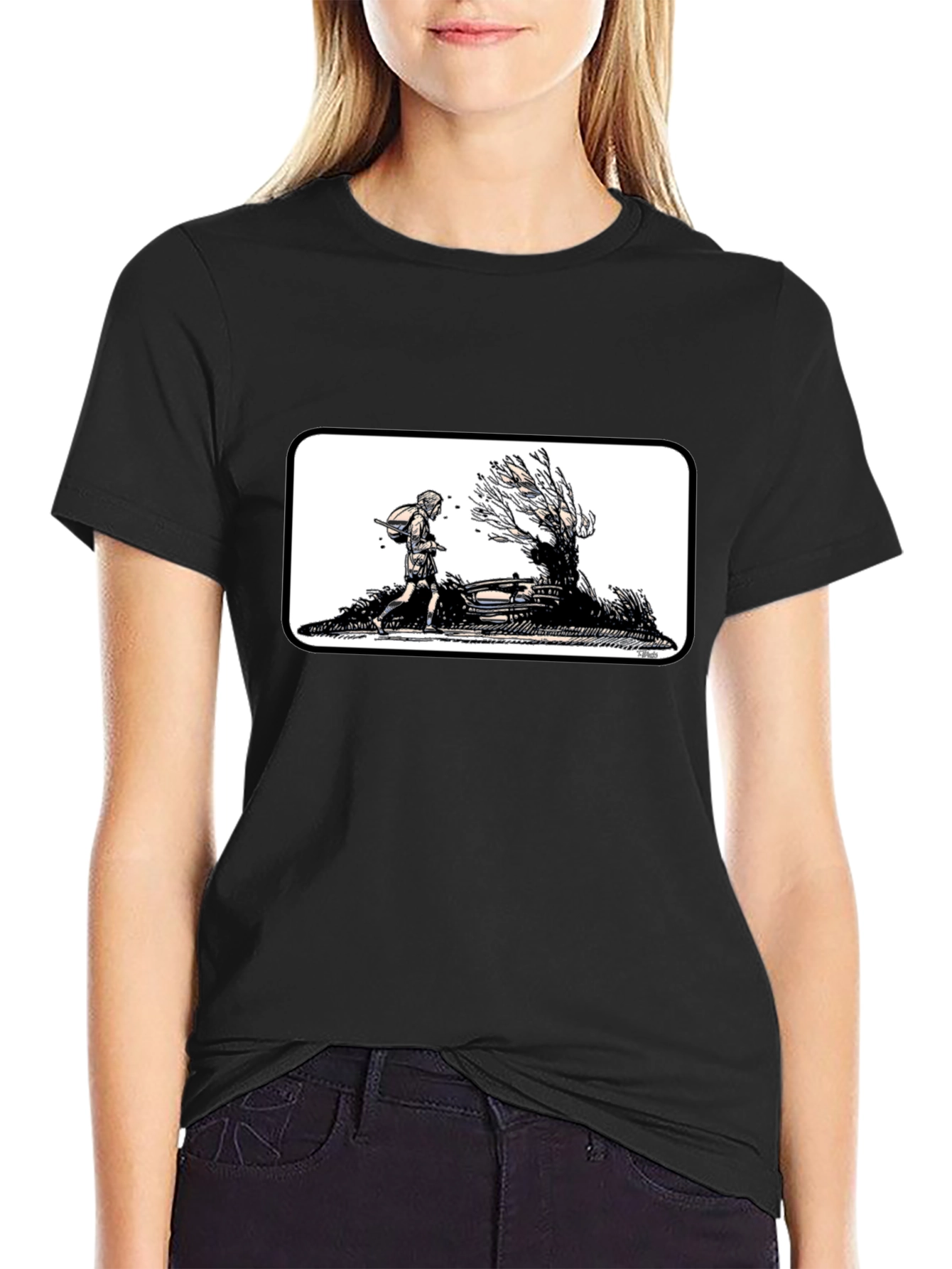 Black Graphic Tee - Man Walking by a Tree