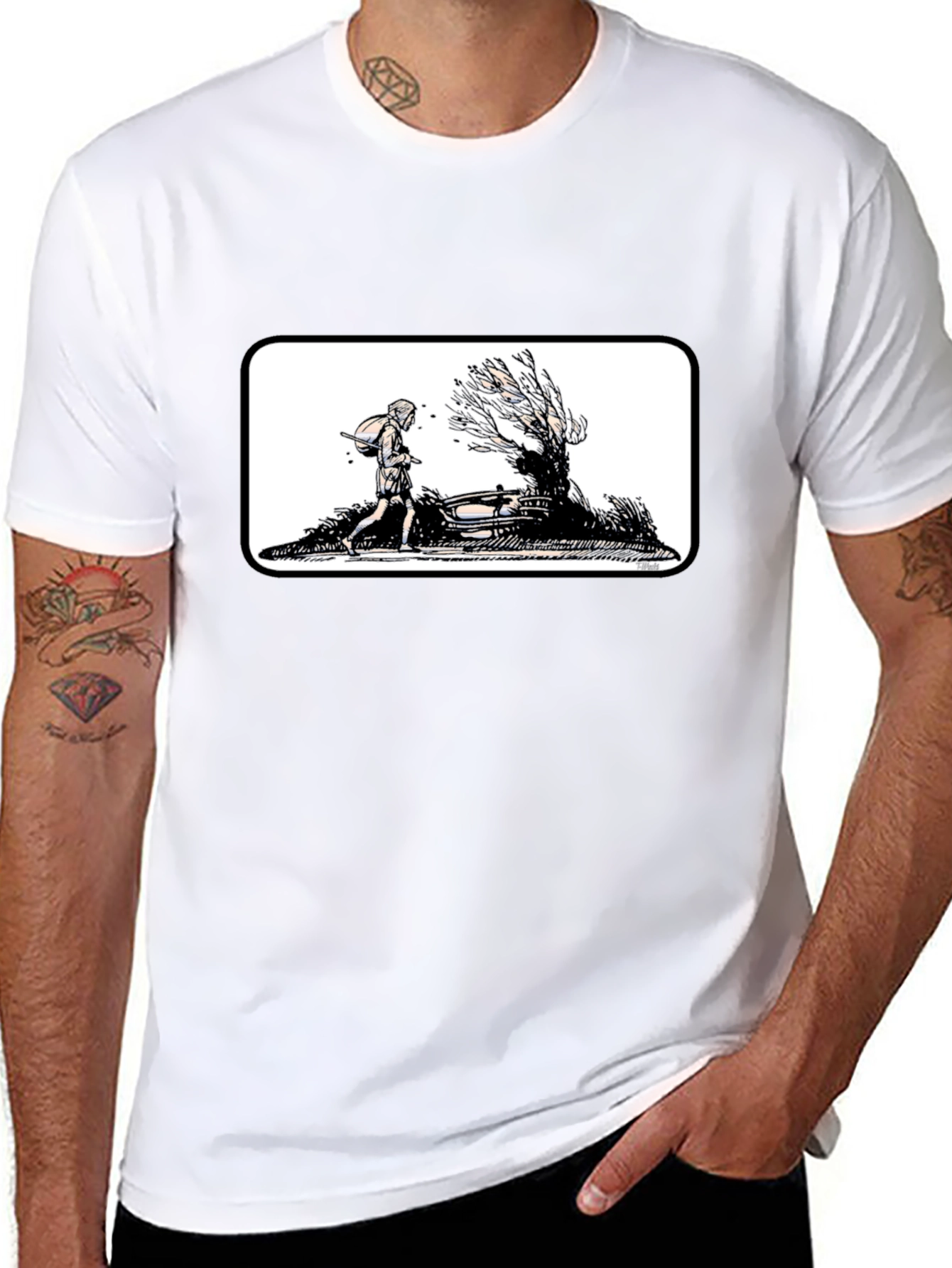 Black Graphic Tee - Man Walking by a Tree