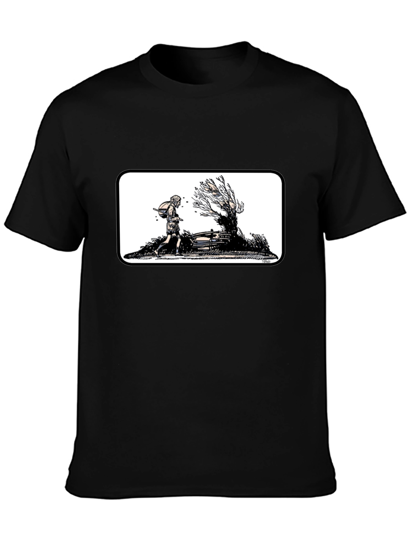 Black Graphic Tee - Man Walking by a Tree