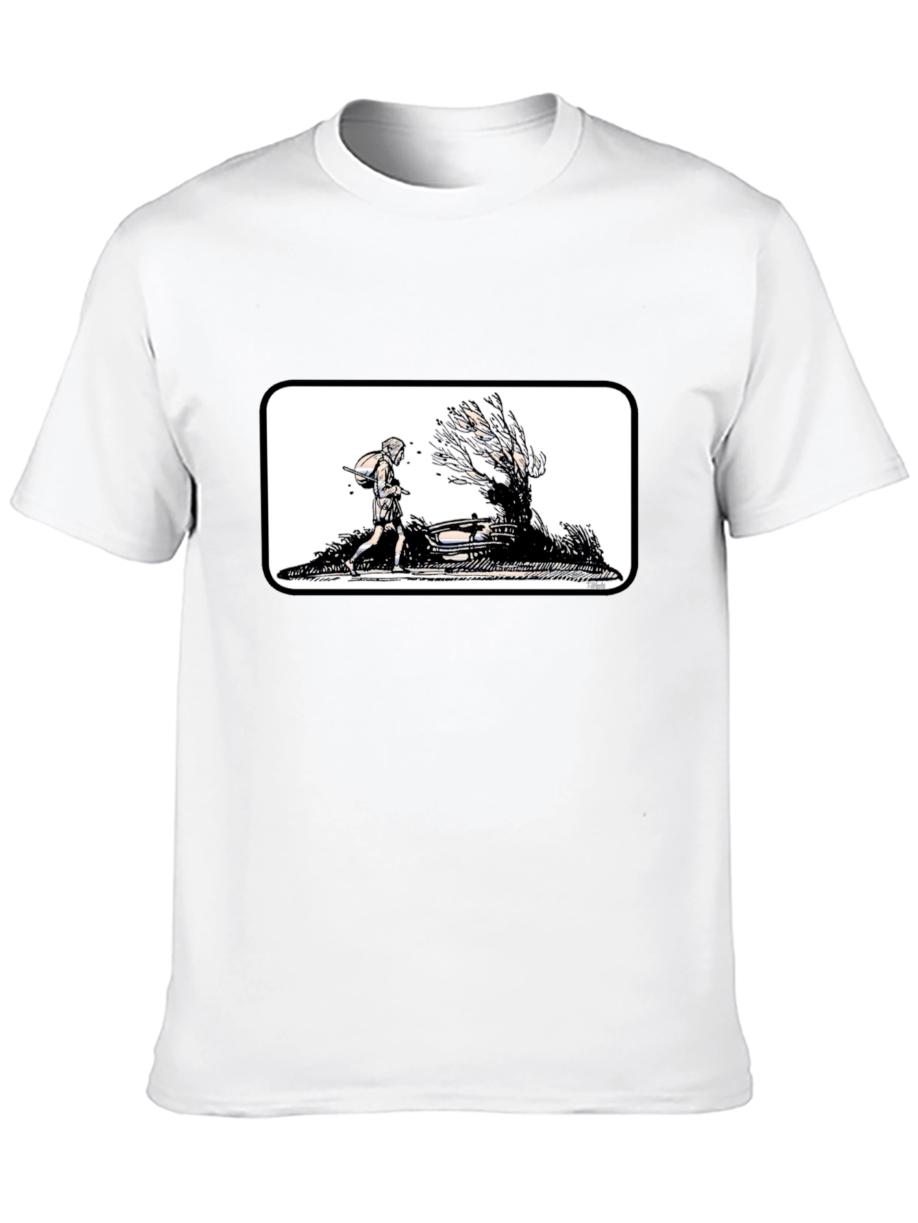 Black Graphic Tee - Man Walking by a Tree