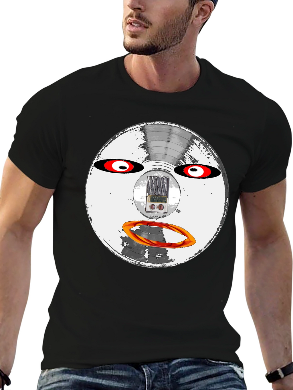 Retro Robot Face Black T-Shirt