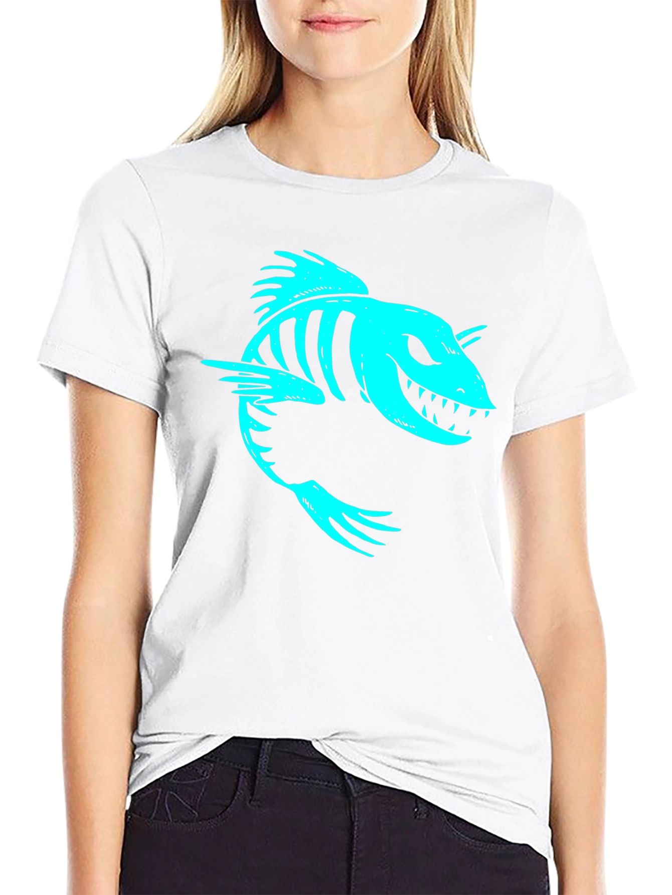 Cool Skeleton Fish Graphic Print Black T-Shirt