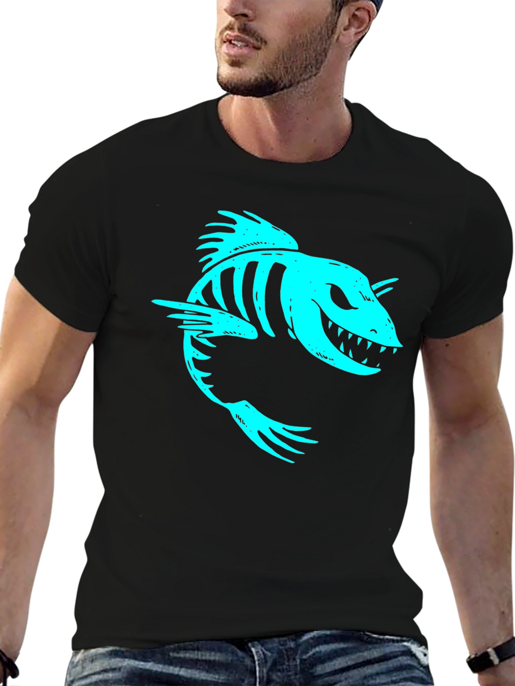 Cool Skeleton Fish Graphic Print Black T-Shirt