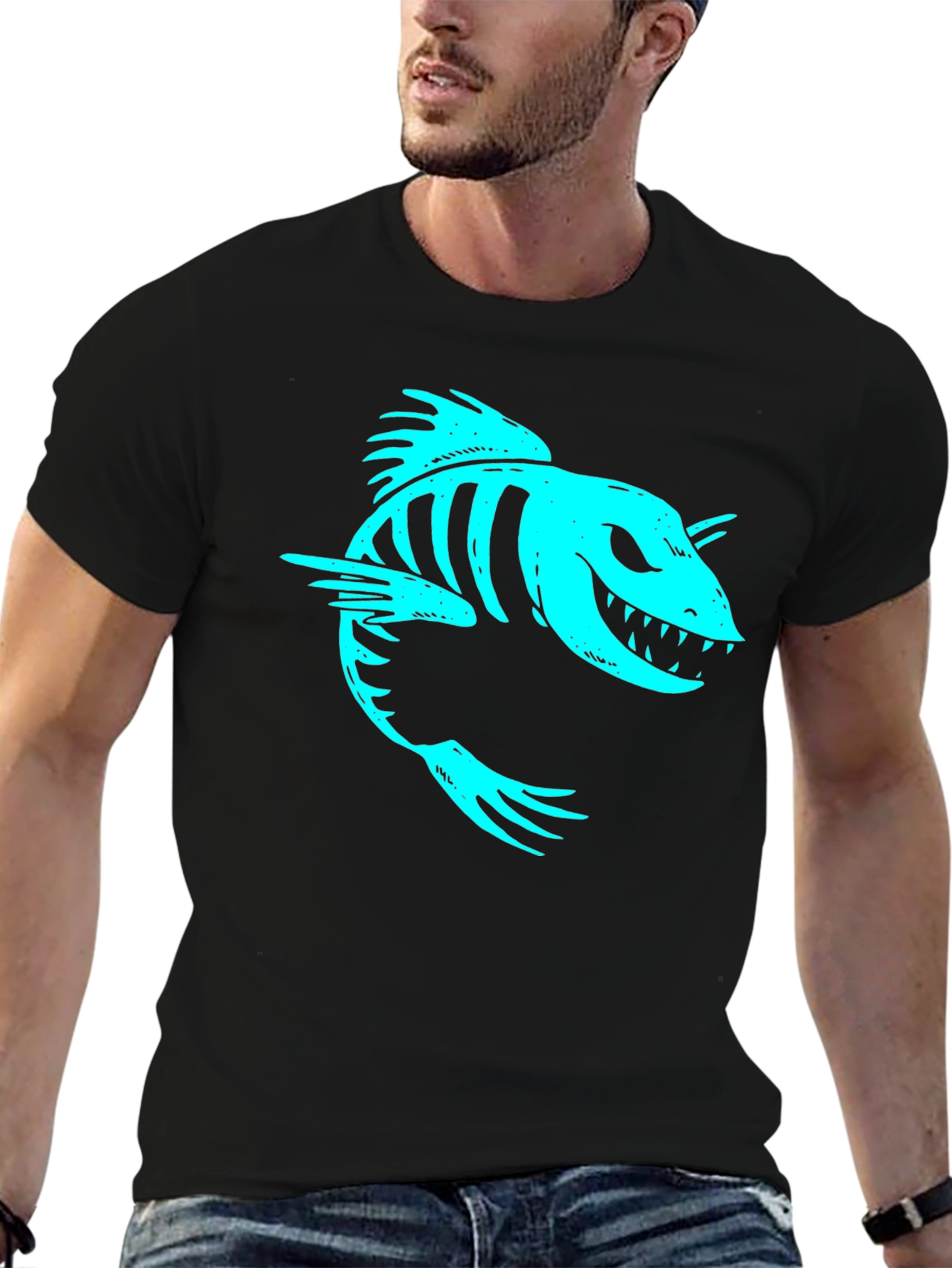 Cool Skeleton Fish Graphic Print Black T-Shirt