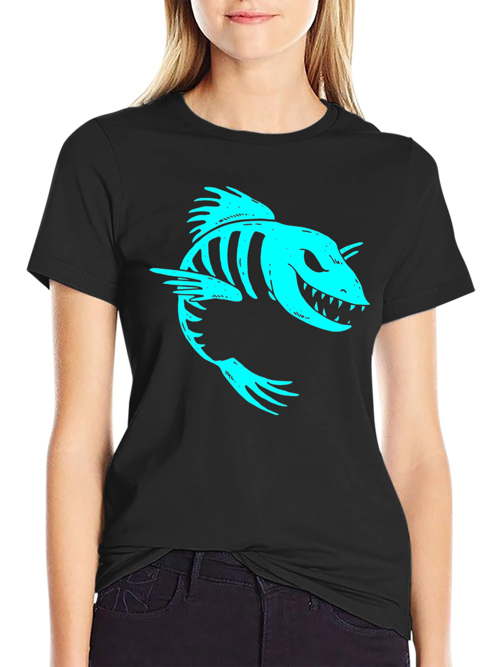 Cool Skeleton Fish Graphic Print Black T-Shirt