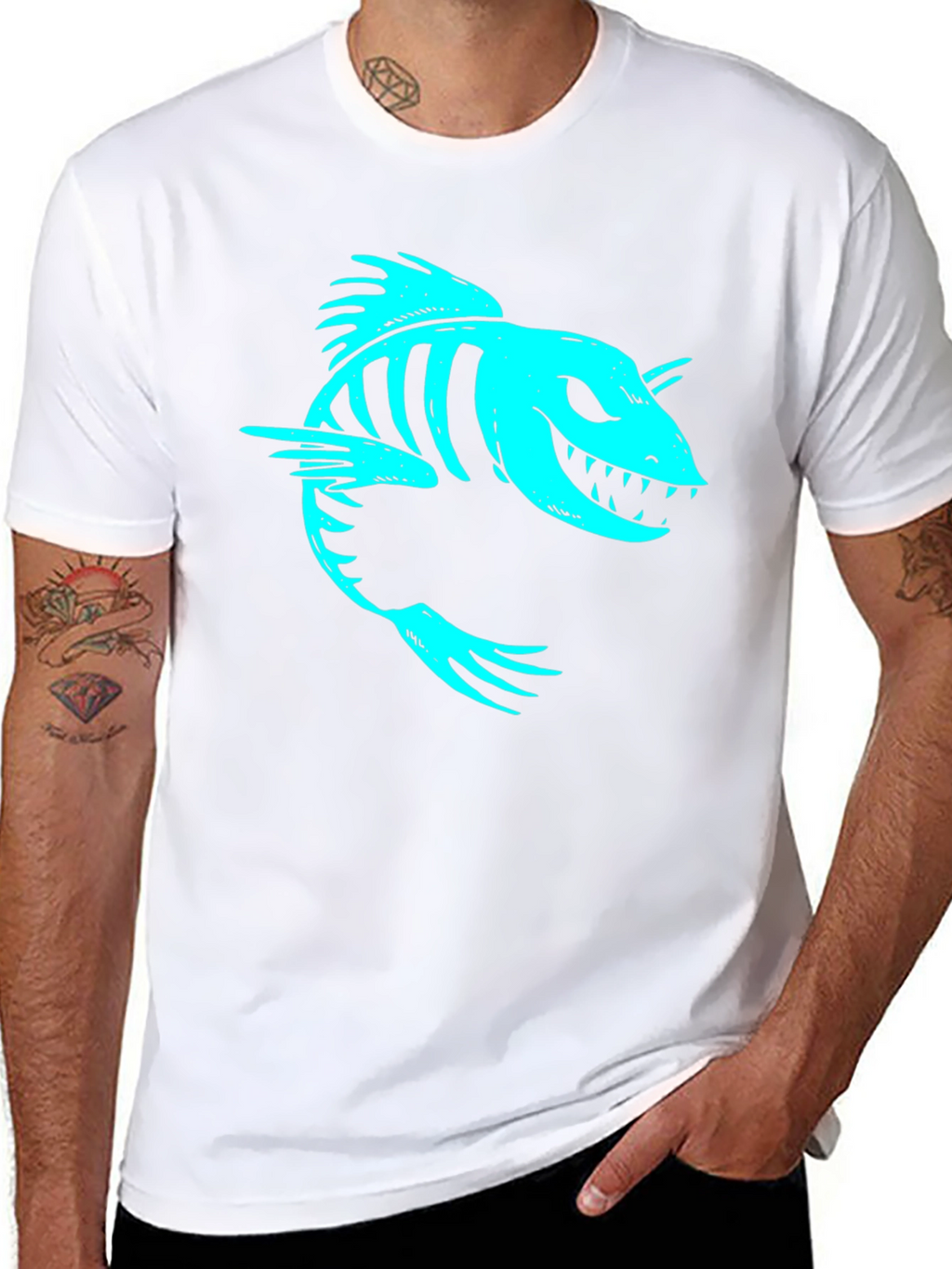 Cool Skeleton Fish Graphic Print Black T-Shirt