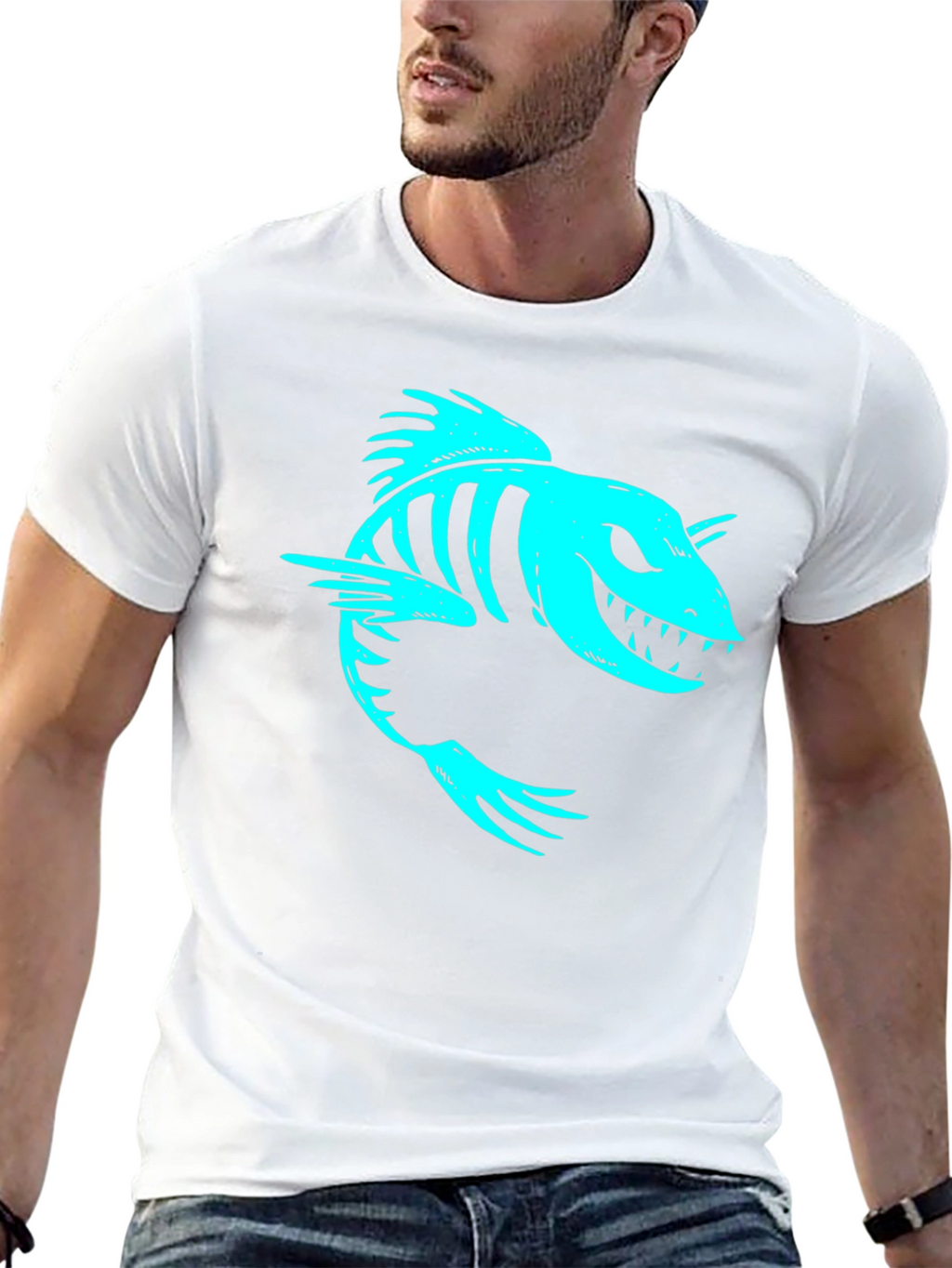 Cool Skeleton Fish Graphic Print Black T-Shirt