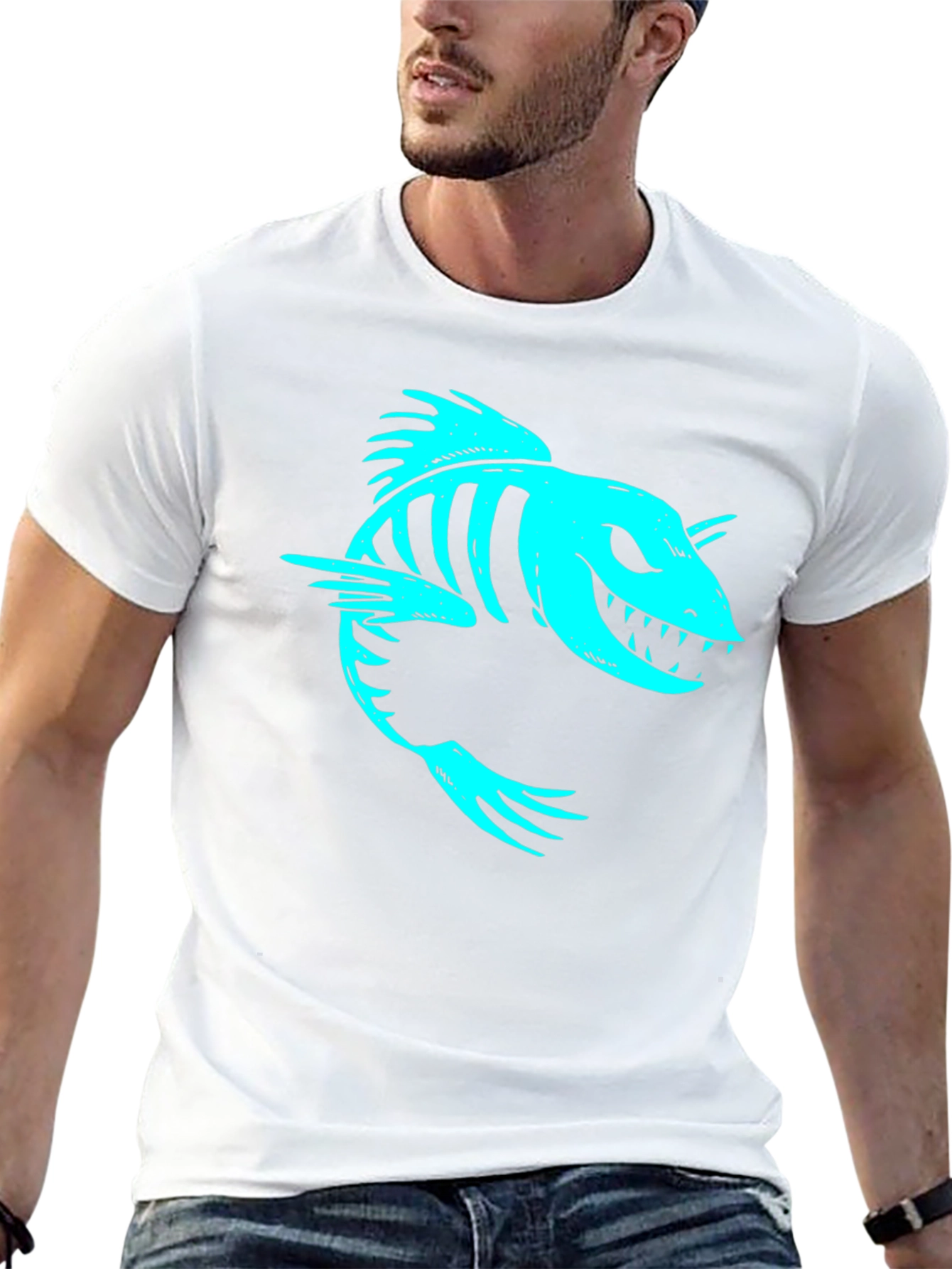 Cool Skeleton Fish Graphic Print Black T-Shirt