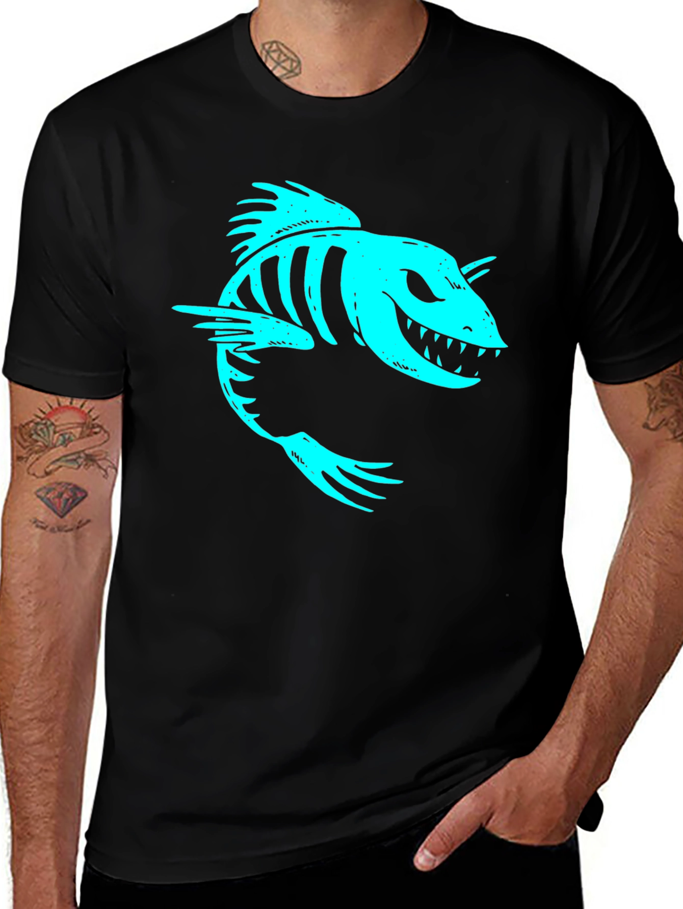Cool Skeleton Fish Graphic Print Black T-Shirt