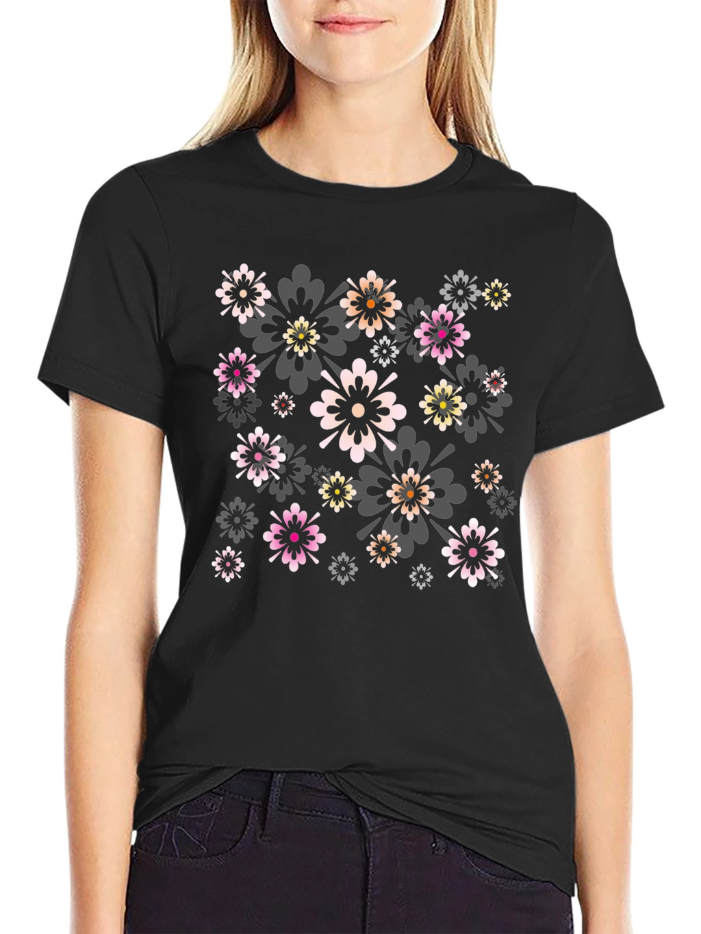 Floral Print Black Tee - Stylish Comfort