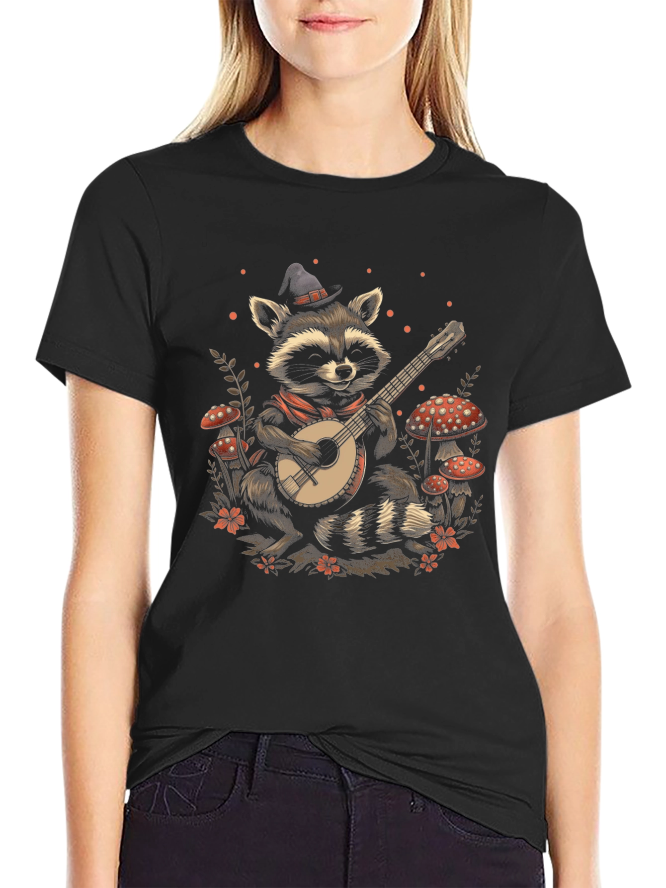 Raccoon Banjo Player T-Shirt - Black