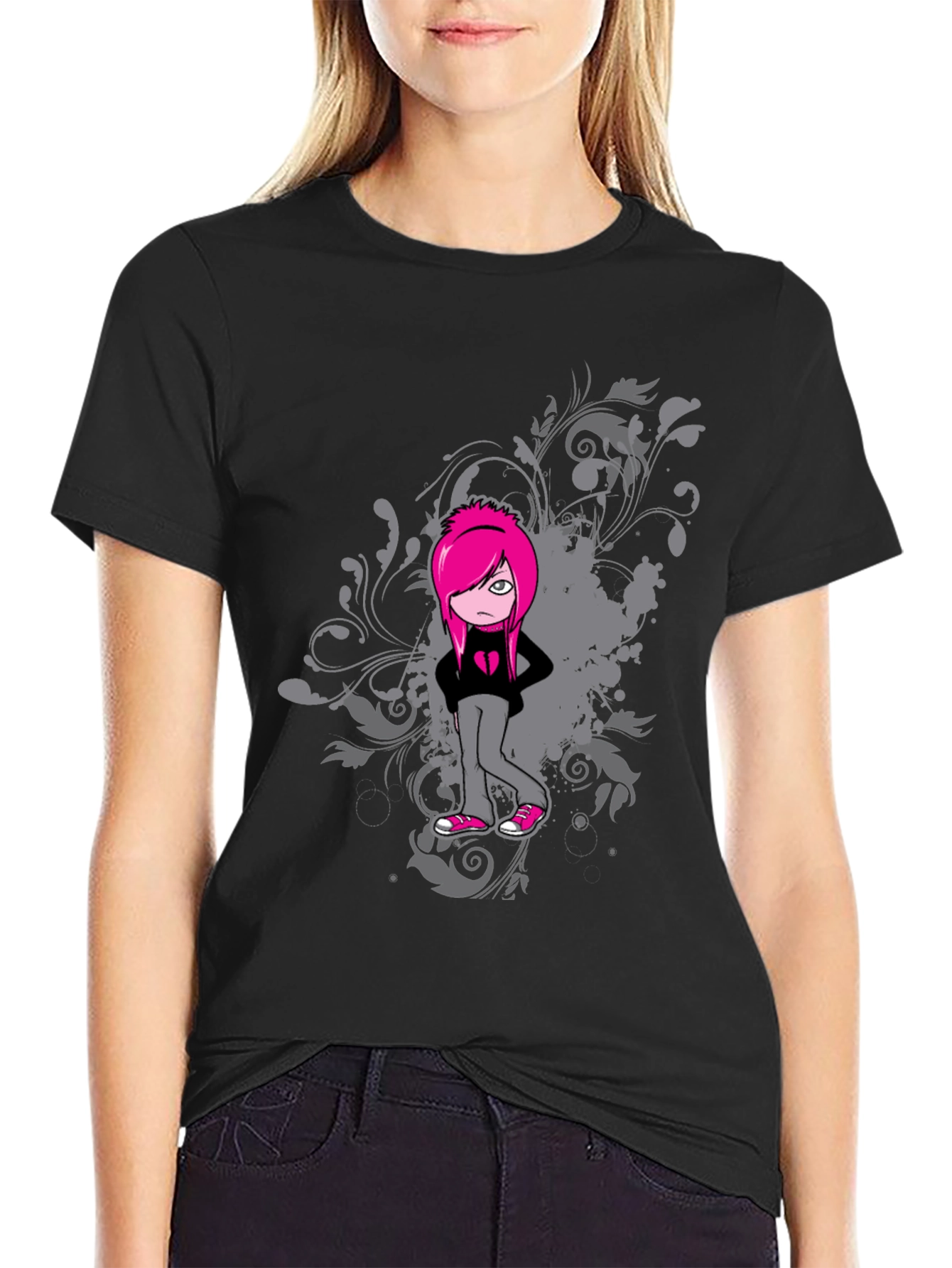 Emo Girl Graphic Black T-Shirt