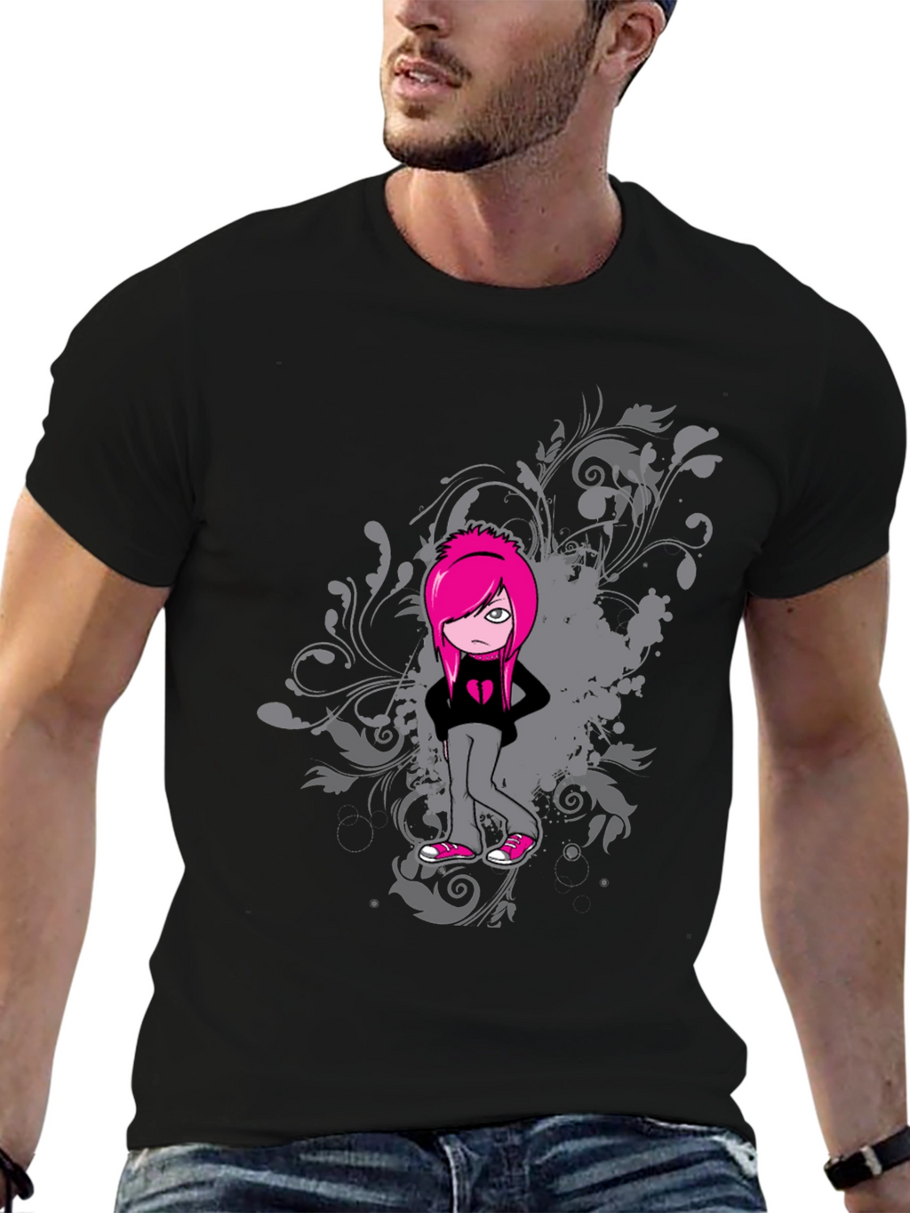Emo Girl Graphic Black T-Shirt