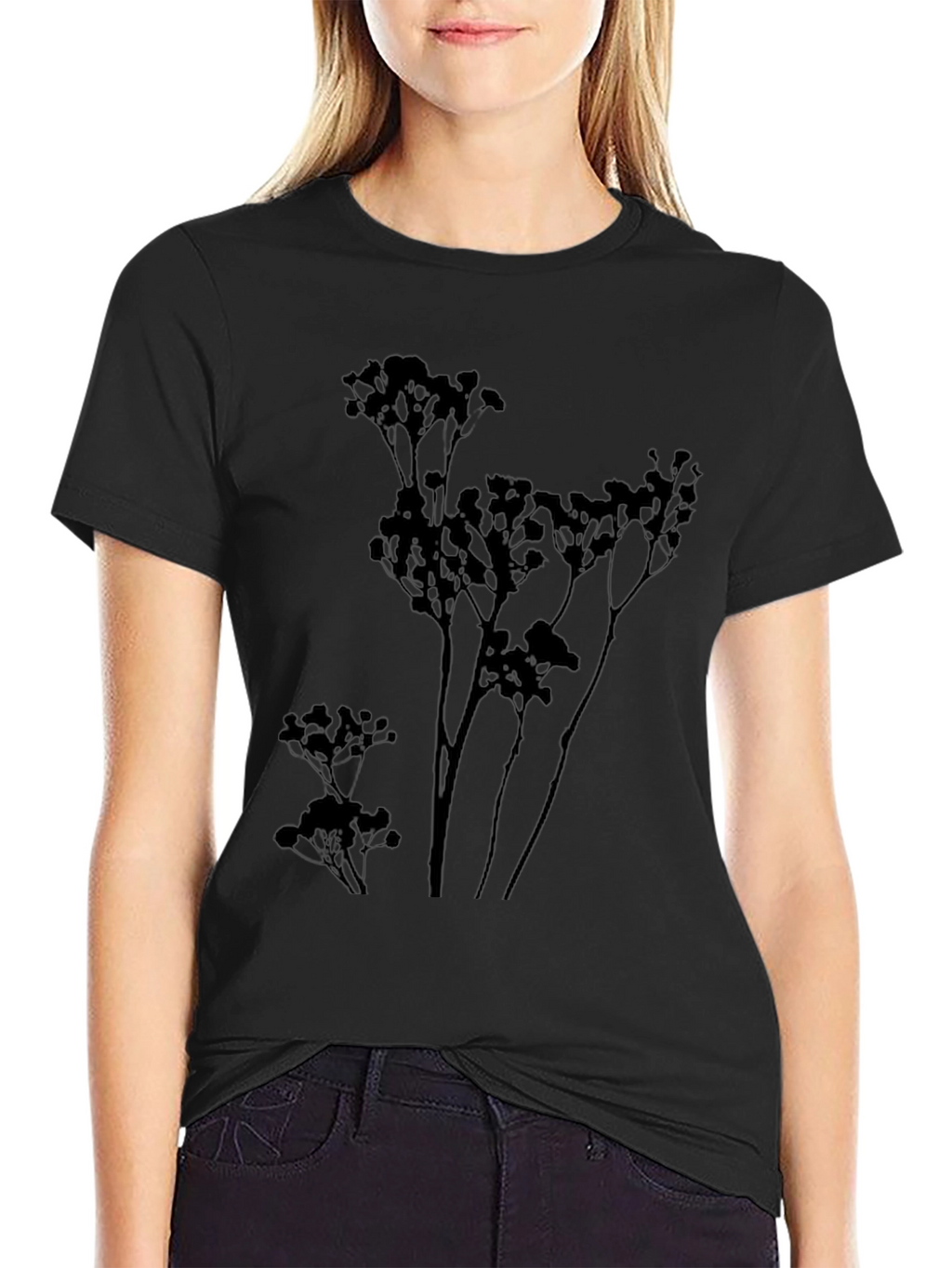 Mens Black T-Shirt with Botanical Silhouette Design