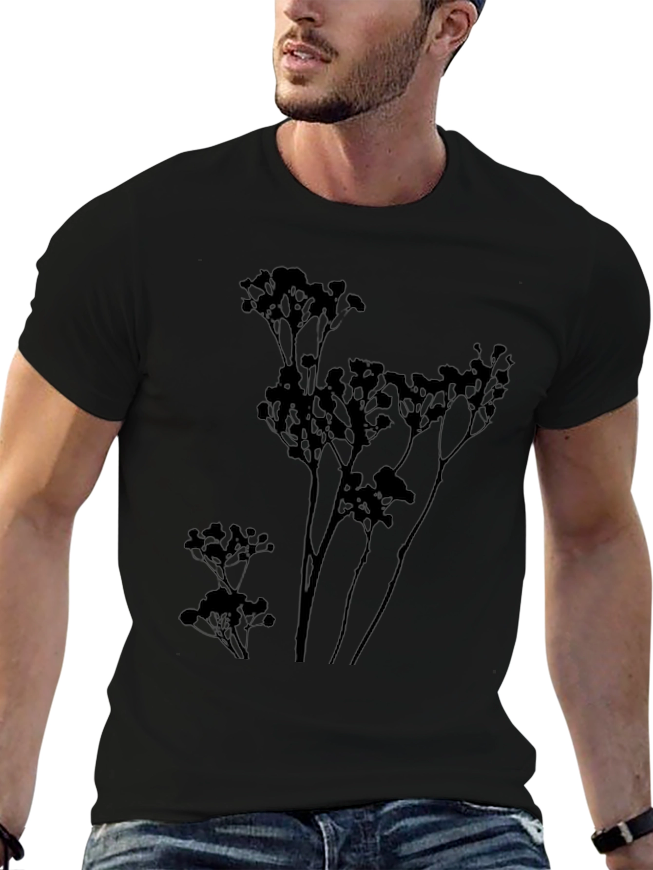 Mens Black T-Shirt with Botanical Silhouette Design