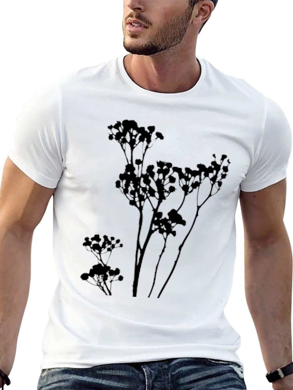 Mens Black T-Shirt with Botanical Silhouette Design