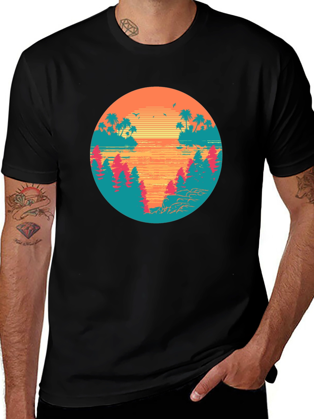 Retro Sunset Graphic Tee - Tropical Palm Tree Island T-Shirt