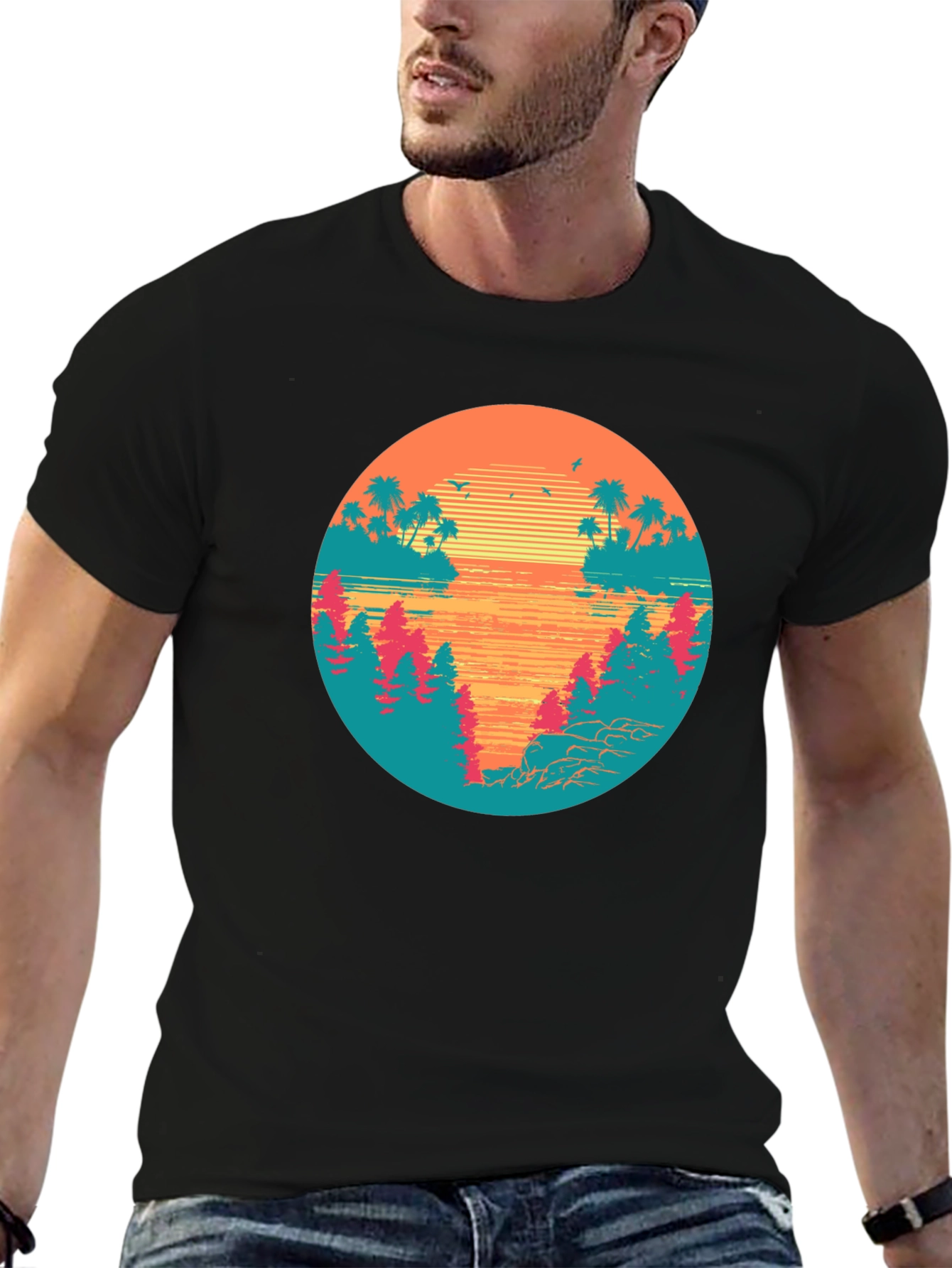 Retro Sunset Graphic Tee - Tropical Palm Tree Island T-Shirt