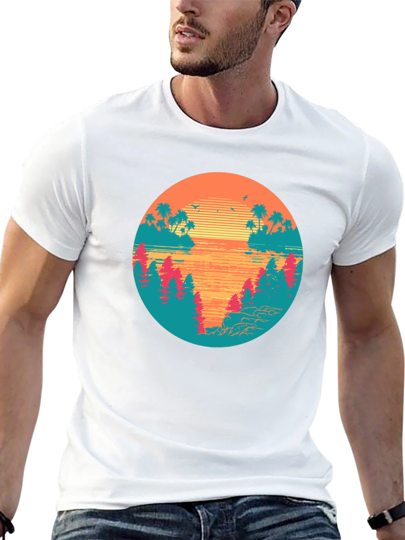 Retro Sunset Graphic Tee - Tropical Palm Tree Island T-Shirt