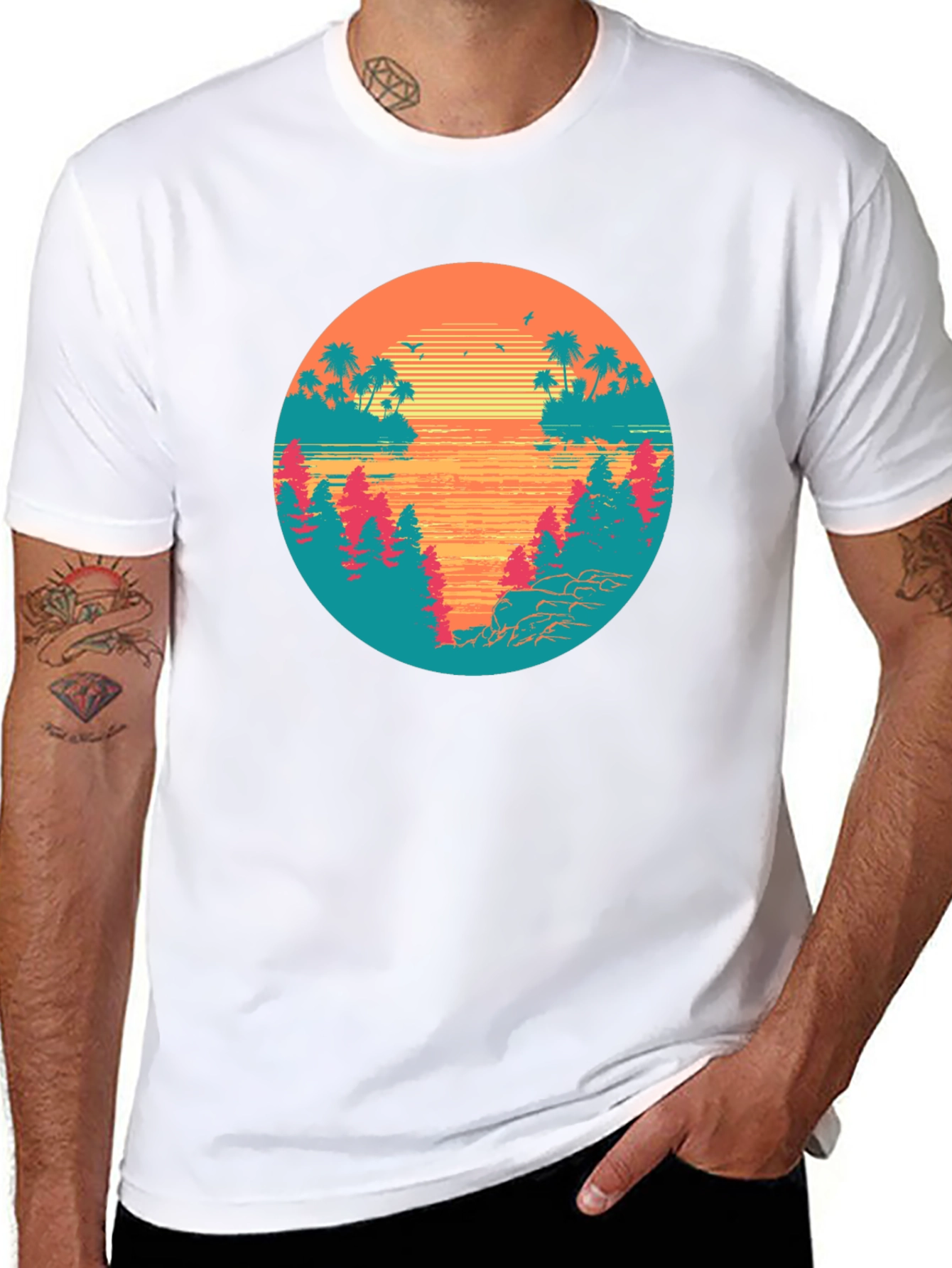 Retro Sunset Graphic Tee - Tropical Palm Tree Island T-Shirt